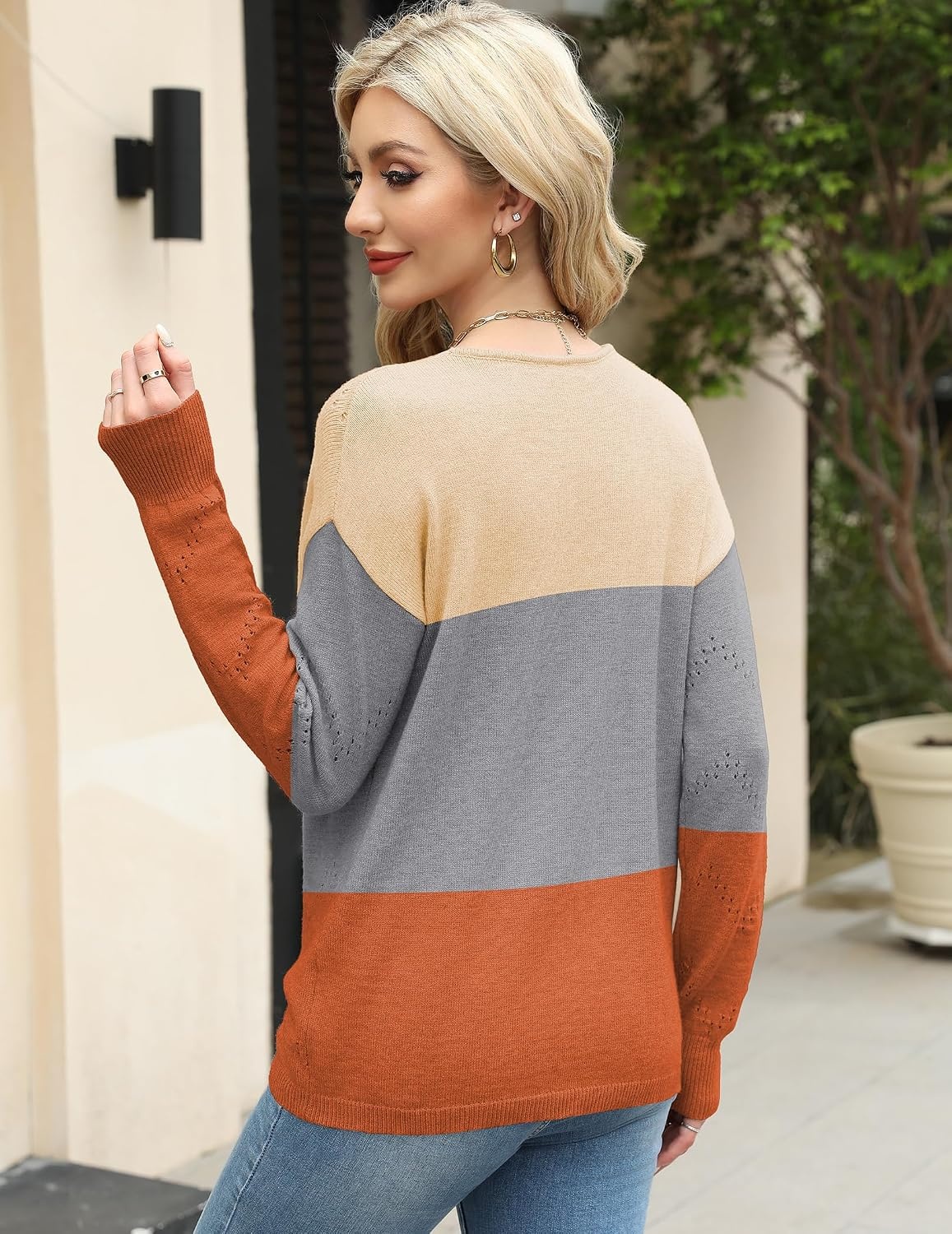 image:imageZeagoo Womens Sweaters Fall Trendy Casual Long Sleeve Shirt Lightweight V Neck Off Shoulder Crochet Pullover Top OutfitCcolorblock Apricot