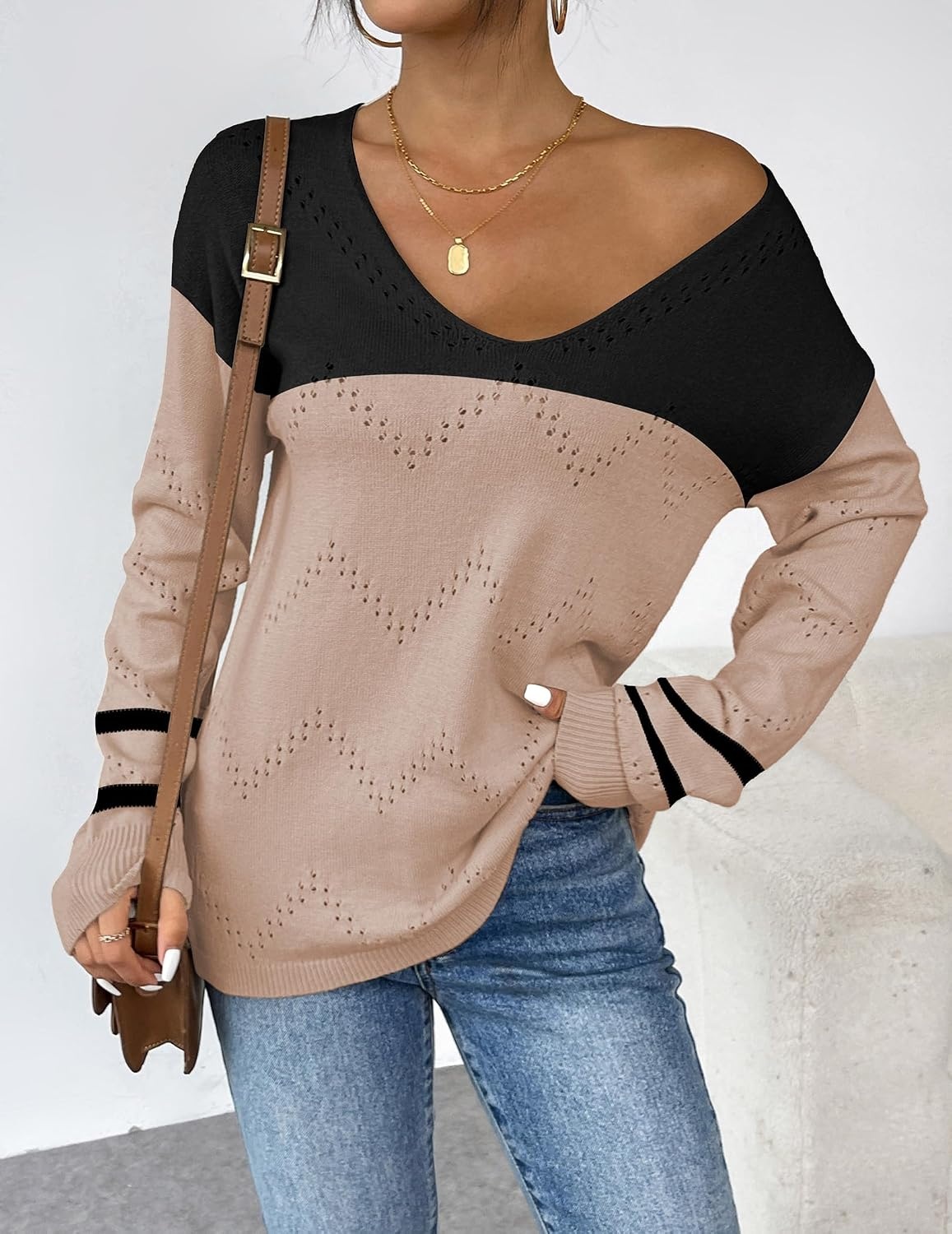 image:imageZeagoo Womens Sweaters Fall Trendy Casual Long Sleeve Shirt Lightweight V Neck Off Shoulder Crochet Pullover Top OutfitEblack Apricot