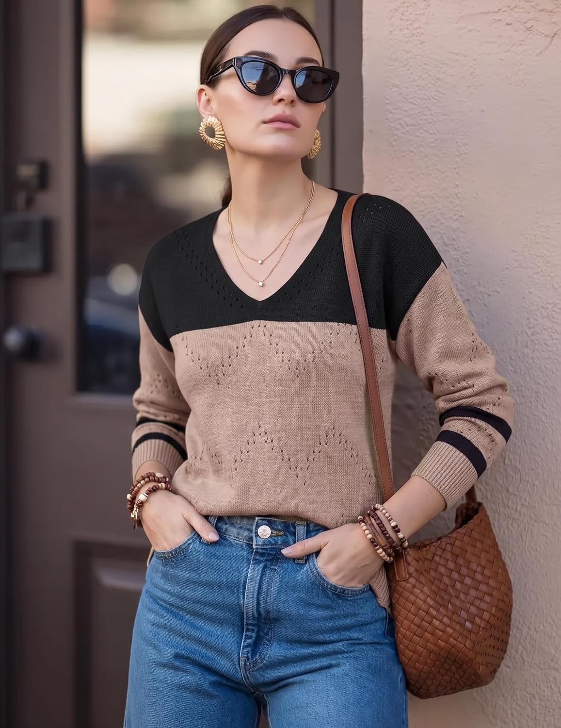 image:imageZeagoo Womens Sweaters Fall Trendy Casual Long Sleeve Shirt Lightweight V Neck Off Shoulder Crochet Pullover Top OutfitEblack Apricot