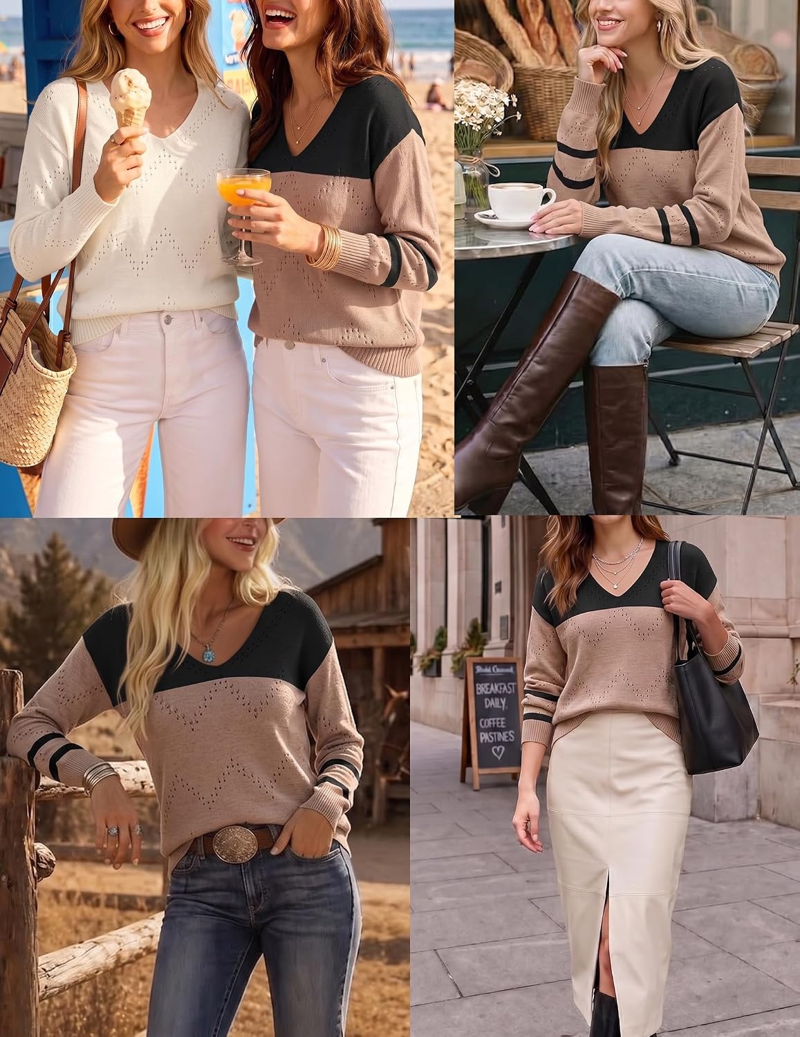 image:imageZeagoo Womens Sweaters Fall Trendy Casual Long Sleeve Shirt Lightweight V Neck Off Shoulder Crochet Pullover Top OutfitEblack Apricot