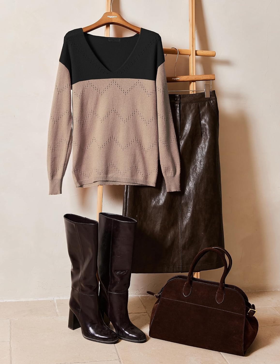 image:imageZeagoo Womens Sweaters Fall Trendy Casual Long Sleeve Shirt Lightweight V Neck Off Shoulder Crochet Pullover Top OutfitEblack Apricot