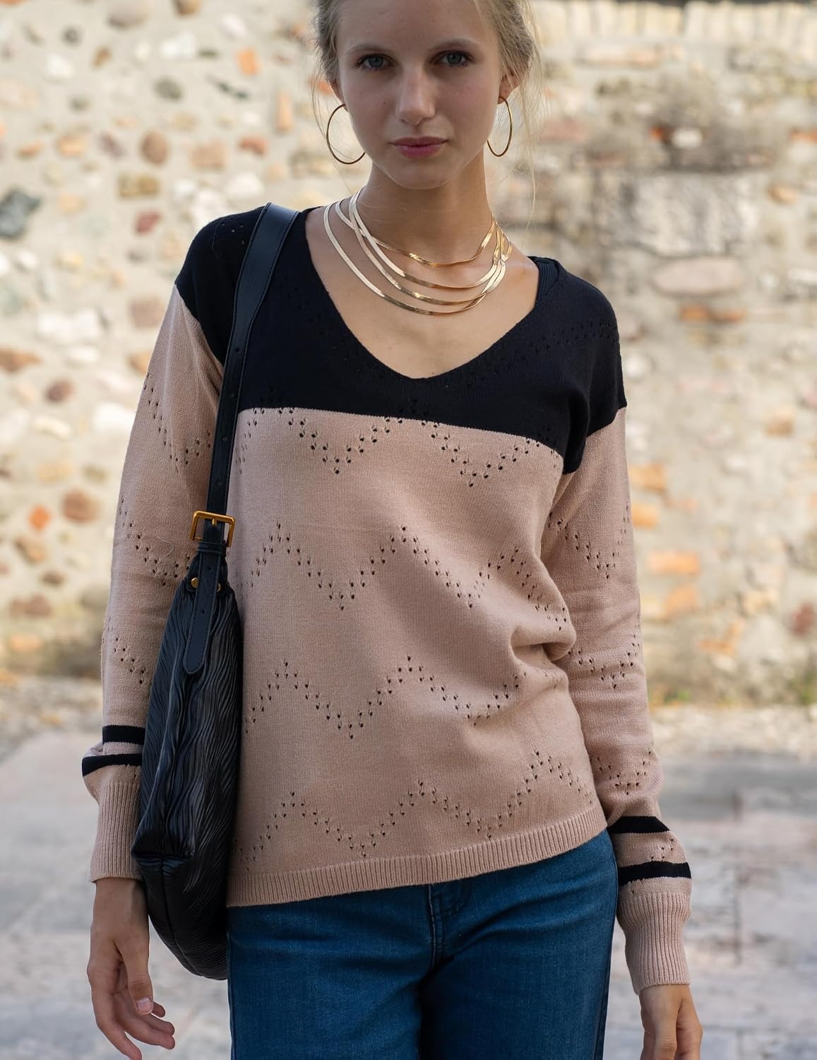 image:imageZeagoo Womens Sweaters Fall Trendy Casual Long Sleeve Shirt Lightweight V Neck Off Shoulder Crochet Pullover Top OutfitEblack Apricot