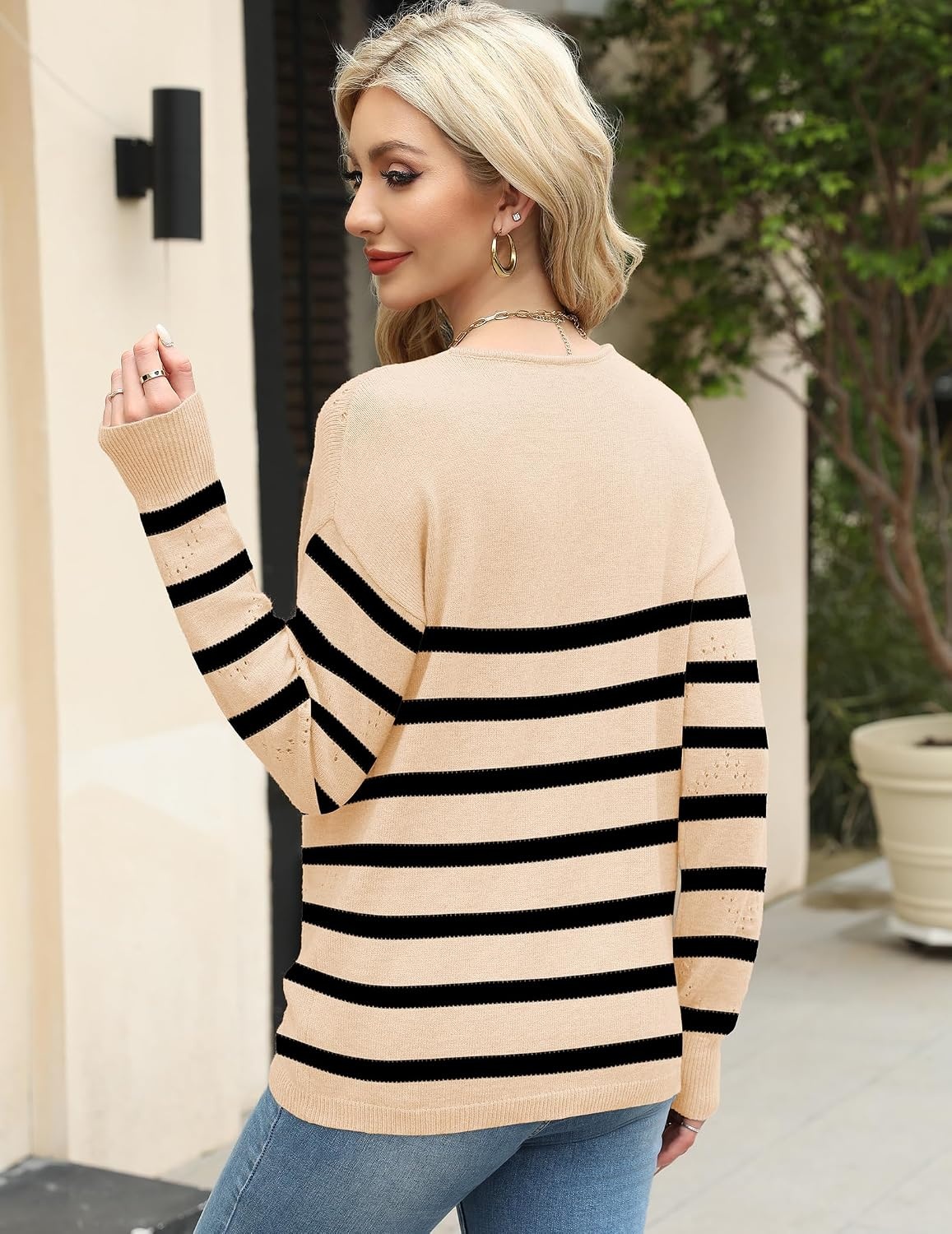 image:imageZeagoo Womens Sweaters Fall Trendy Casual Long Sleeve Shirt Lightweight V Neck Off Shoulder Crochet Pullover Top OutfitFapricot Sriped