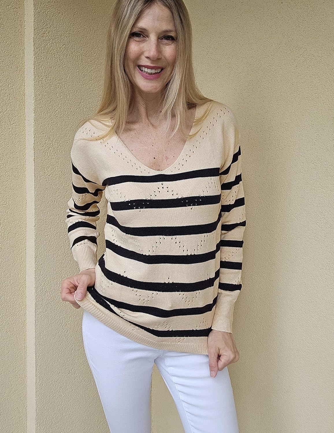 image:imageZeagoo Womens Sweaters Fall Trendy Casual Long Sleeve Shirt Lightweight V Neck Off Shoulder Crochet Pullover Top OutfitFapricot Sriped