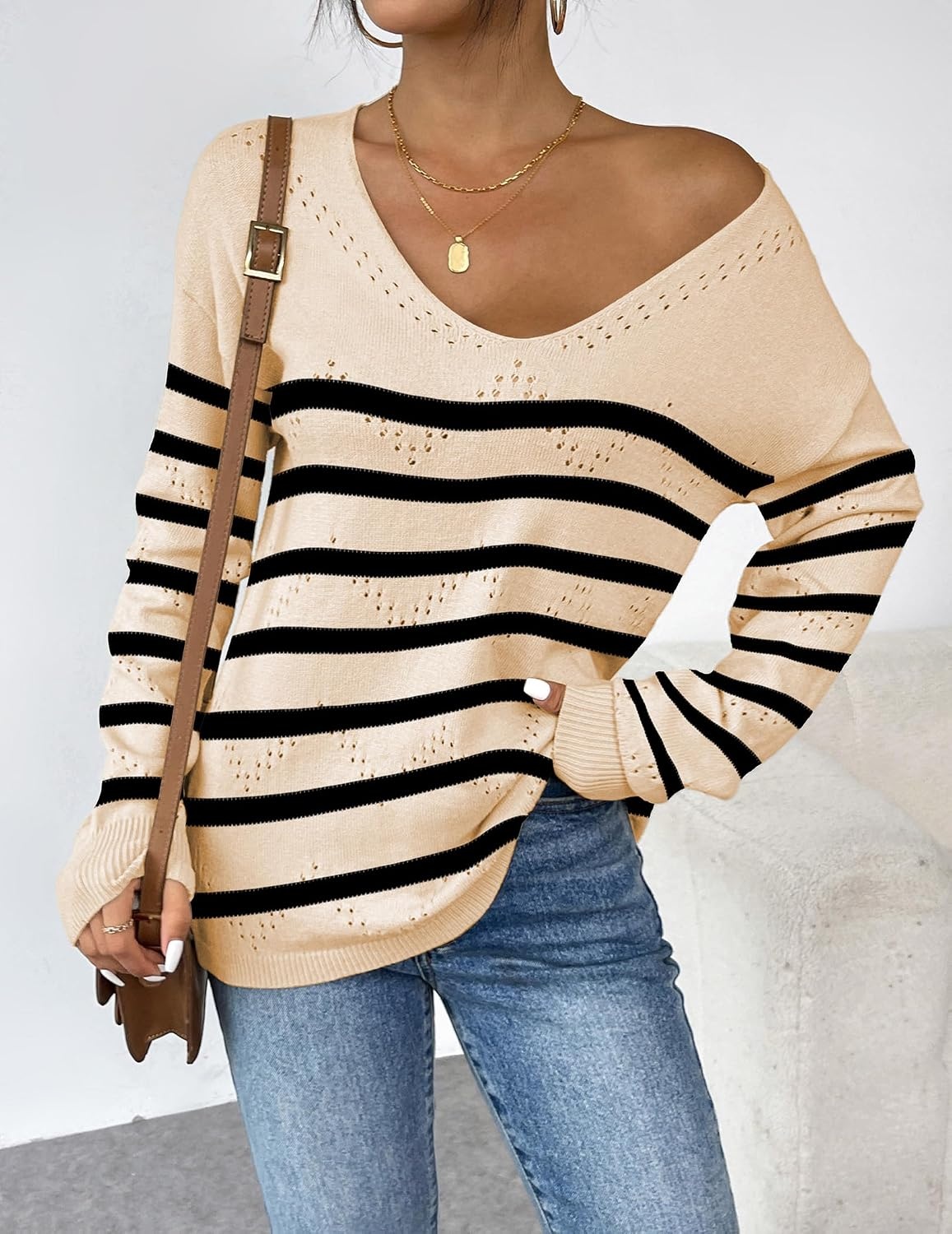 image:imageZeagoo Womens Sweaters Fall Trendy Casual Long Sleeve Shirt Lightweight V Neck Off Shoulder Crochet Pullover Top OutfitFapricot Sriped