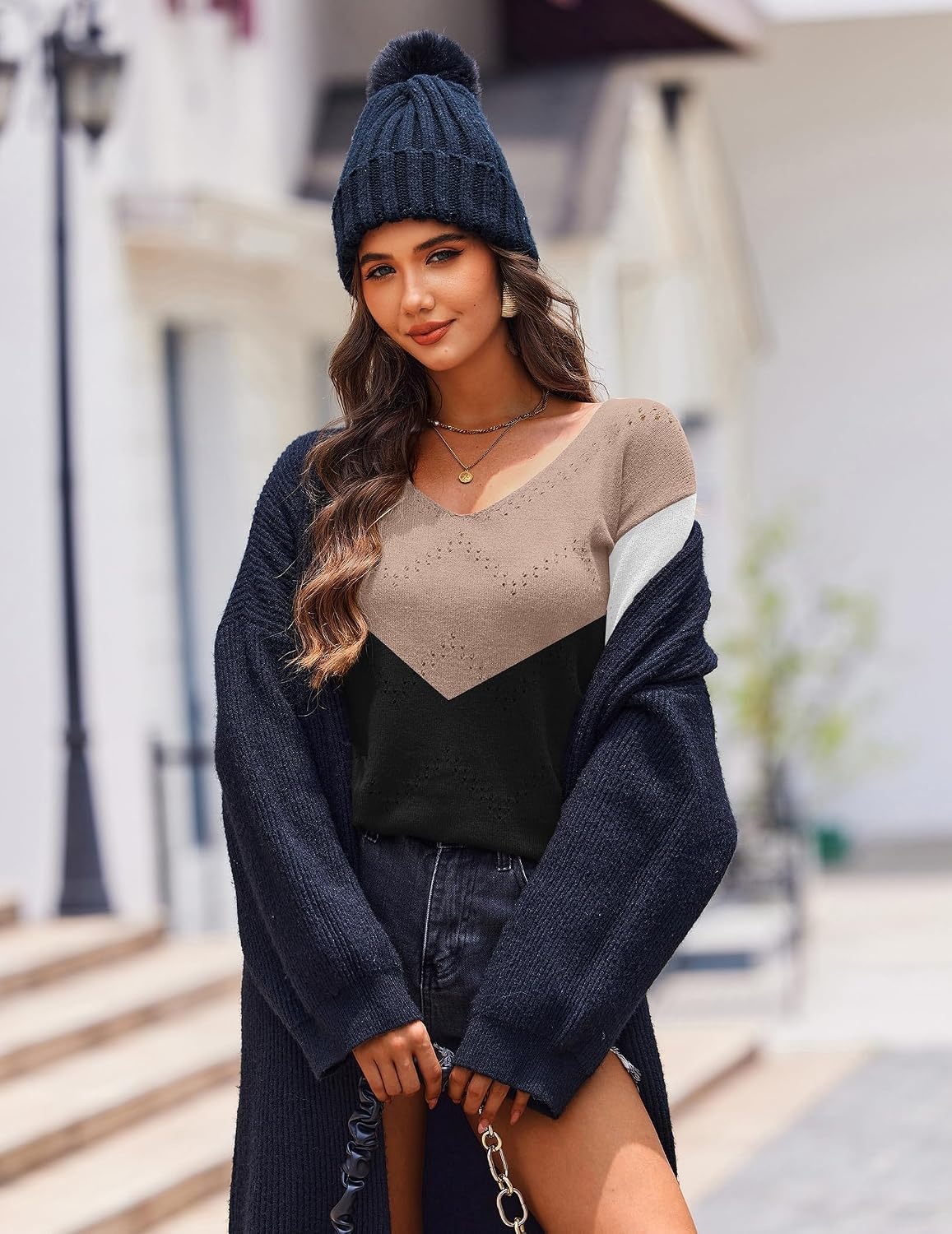 image:imageZeagoo Womens Sweaters Fall Trendy Casual Long Sleeve Shirt Lightweight V Neck Off Shoulder Crochet Pullover Top OutfitFblack White Apricot