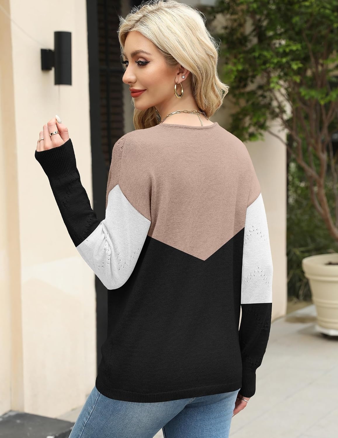 image:imageZeagoo Womens Sweaters Fall Trendy Casual Long Sleeve Shirt Lightweight V Neck Off Shoulder Crochet Pullover Top OutfitFblack White Apricot