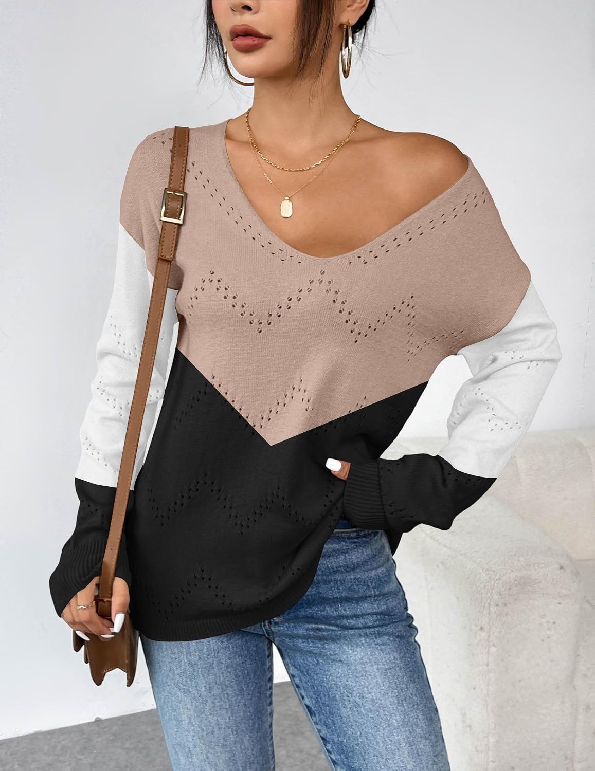 image:imageZeagoo Womens Sweaters Fall Trendy Casual Long Sleeve Shirt Lightweight V Neck Off Shoulder Crochet Pullover Top OutfitFblack White Apricot