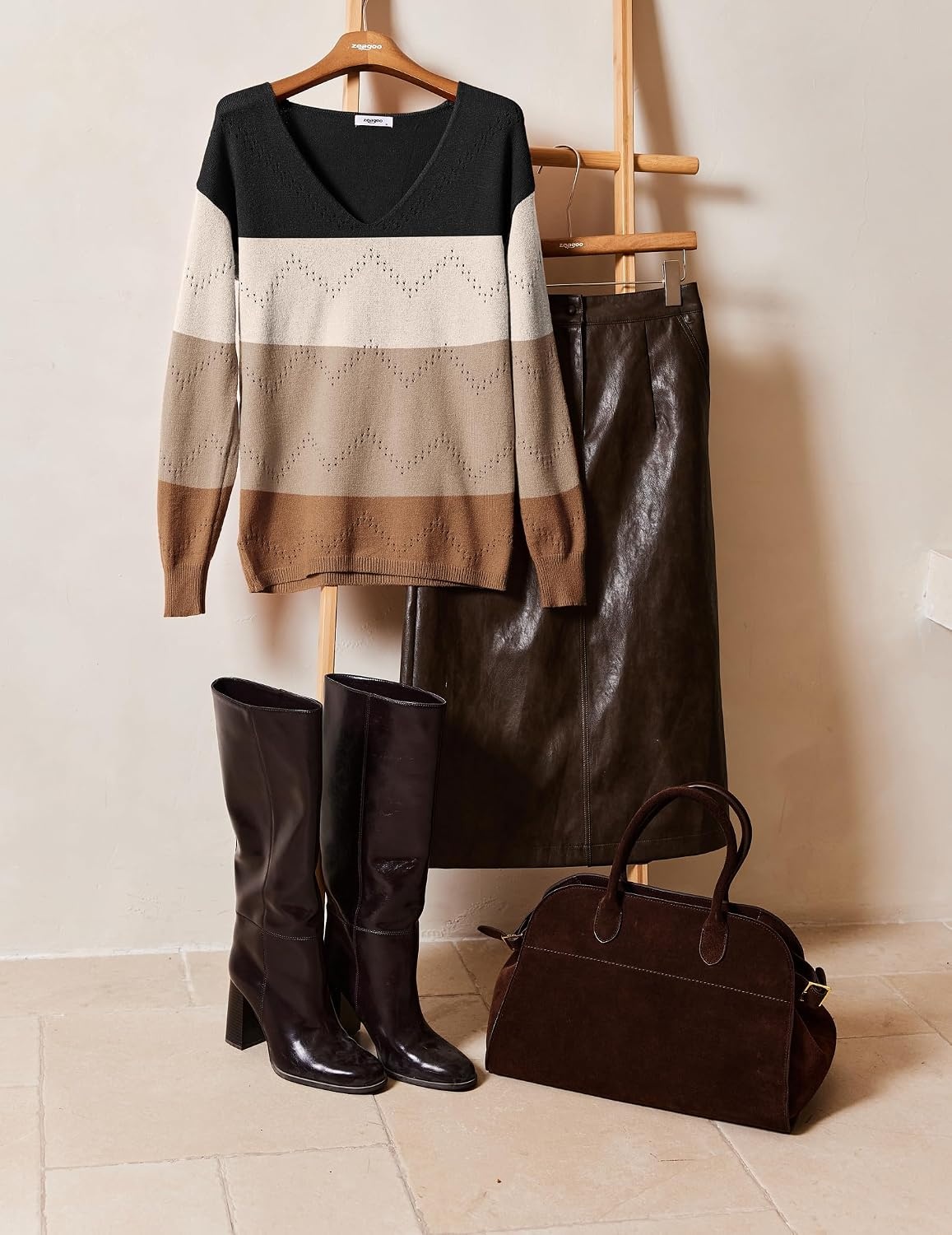 image:imageZeagoo Womens Sweaters Fall Trendy Casual Long Sleeve Shirt Lightweight V Neck Off Shoulder Crochet Pullover Top OutfitFbrown Colorblock