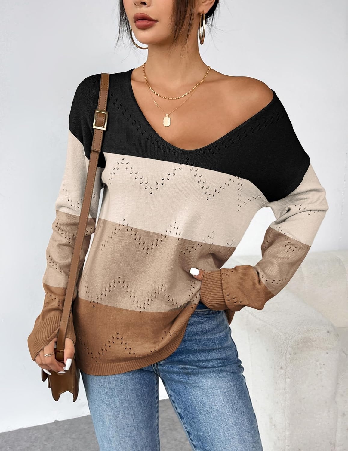 image:imageZeagoo Womens Sweaters Fall Trendy Casual Long Sleeve Shirt Lightweight V Neck Off Shoulder Crochet Pullover Top OutfitFbrown Colorblock