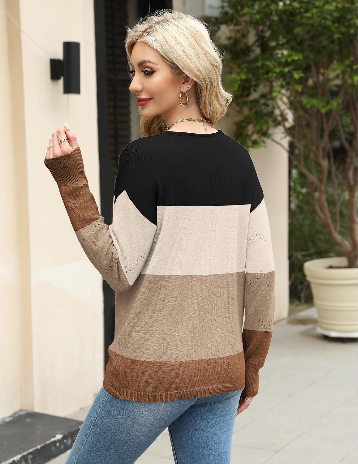 image:imageZeagoo Womens Sweaters Fall Trendy Casual Long Sleeve Shirt Lightweight V Neck Off Shoulder Crochet Pullover Top OutfitFbrown Colorblock