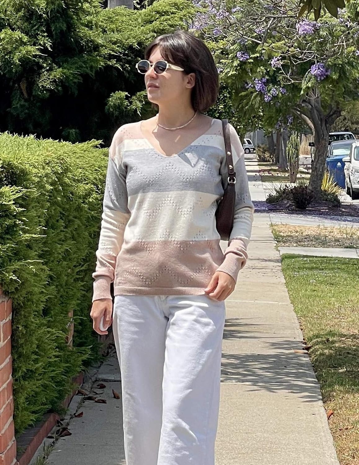 image:imageZeagoo Womens Sweaters Fall Trendy Casual Long Sleeve Shirt Lightweight V Neck Off Shoulder Crochet Pullover Top OutfitFcolorblock Camel