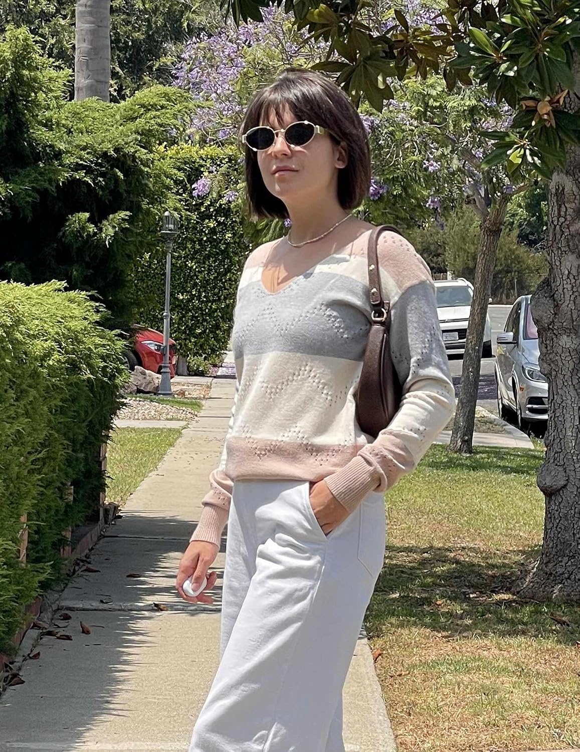 image:imageZeagoo Womens Sweaters Fall Trendy Casual Long Sleeve Shirt Lightweight V Neck Off Shoulder Crochet Pullover Top OutfitFcolorblock Camel