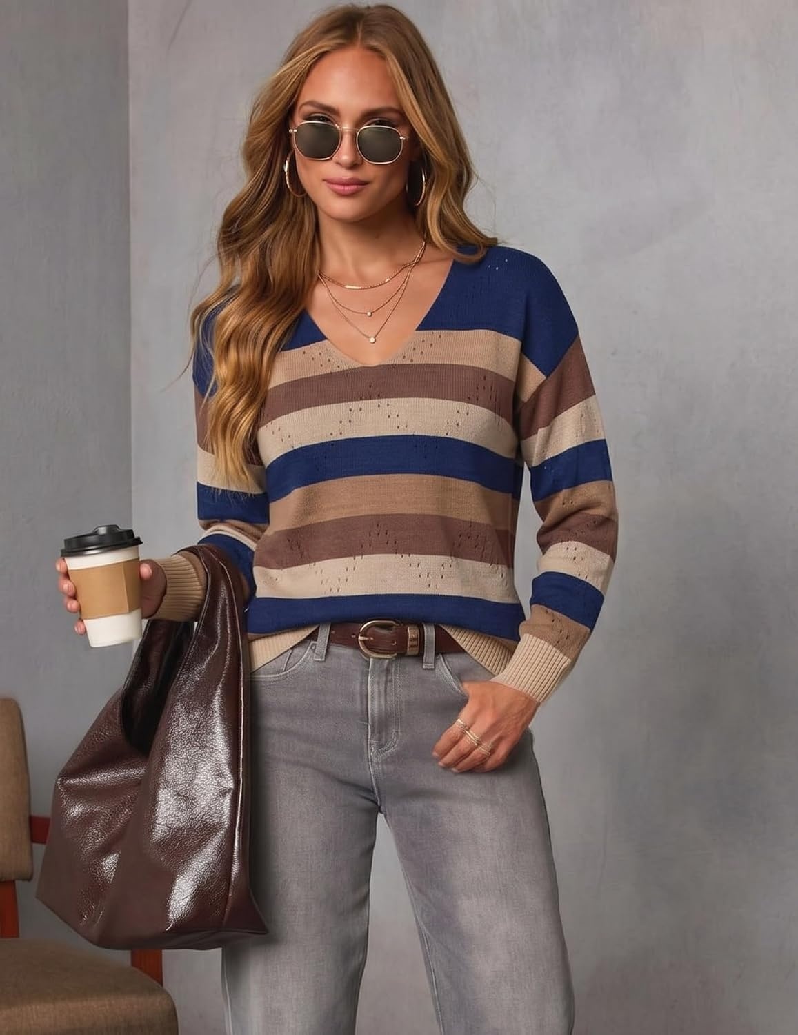 image:imageZeagoo Womens Sweaters Fall Trendy Casual Long Sleeve Shirt Lightweight V Neck Off Shoulder Crochet Pullover Top OutfitFcolorblock Striped
