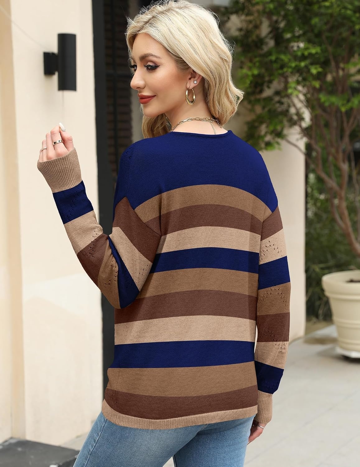 image:imageZeagoo Womens Sweaters Fall Trendy Casual Long Sleeve Shirt Lightweight V Neck Off Shoulder Crochet Pullover Top OutfitFcolorblock Striped