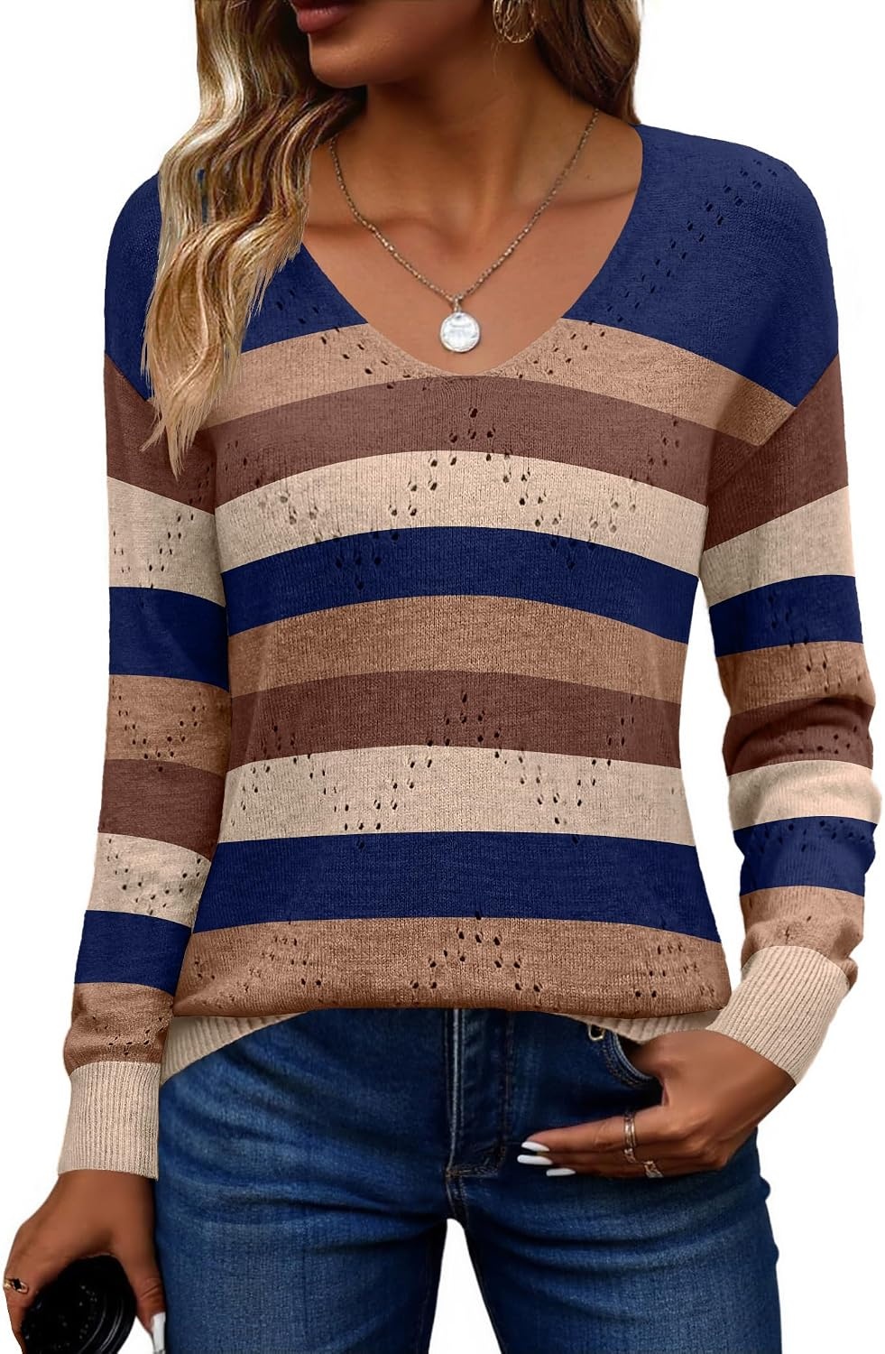 image:imageZeagoo Womens Sweaters Fall Trendy Casual Long Sleeve Shirt Lightweight V Neck Off Shoulder Crochet Pullover Top OutfitFcolorblock Striped