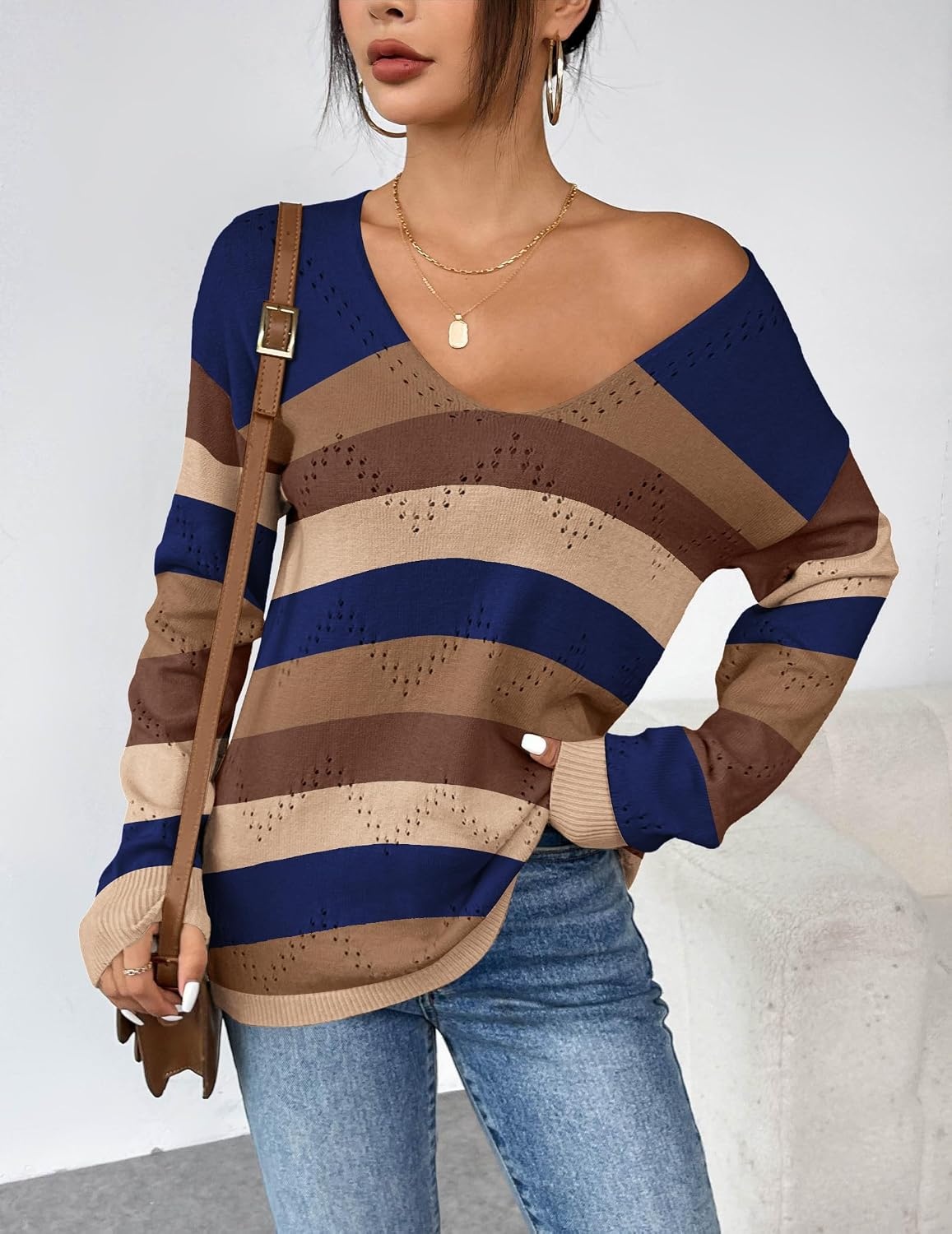 image:imageZeagoo Womens Sweaters Fall Trendy Casual Long Sleeve Shirt Lightweight V Neck Off Shoulder Crochet Pullover Top OutfitFcolorblock Striped