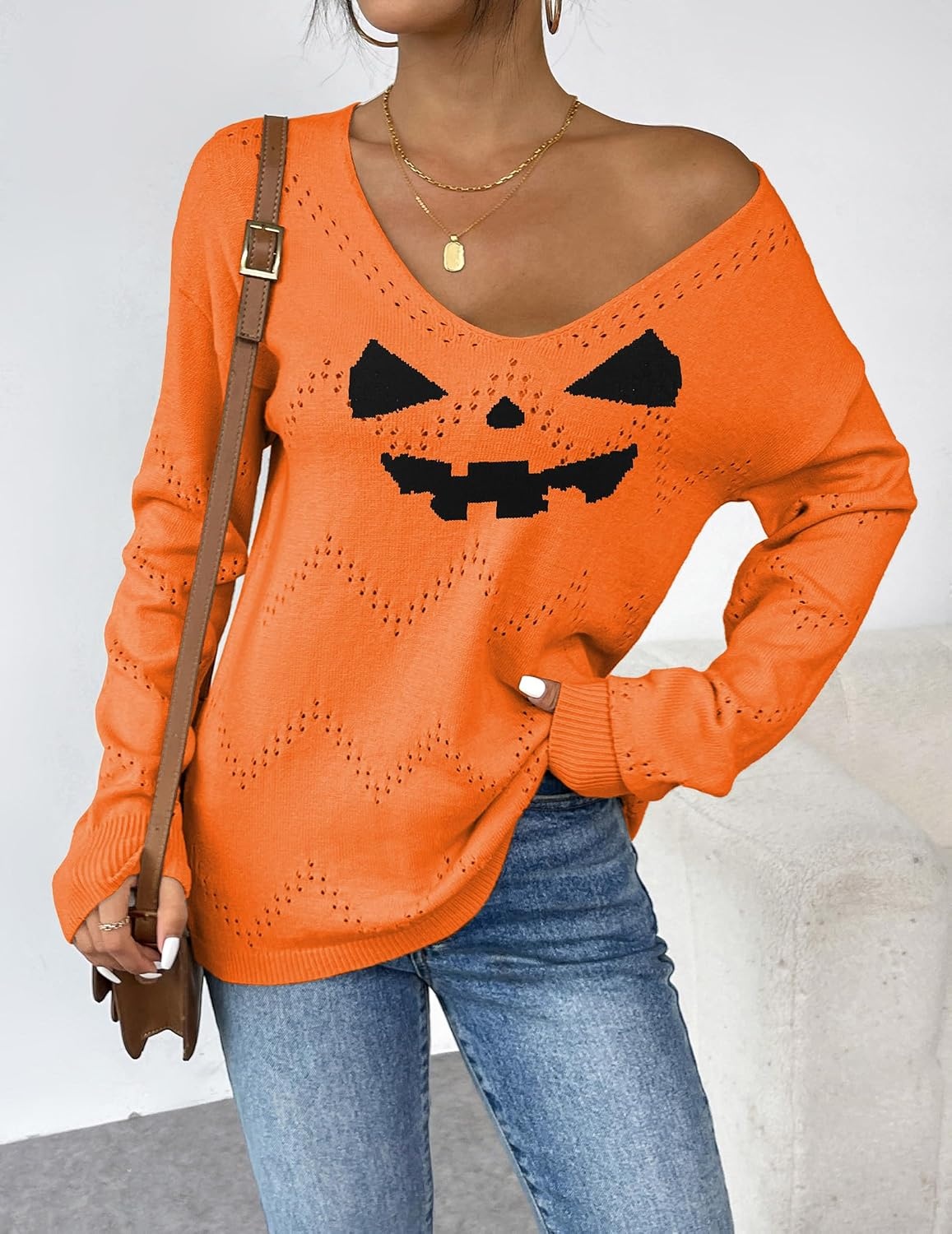 image:imageZeagoo Womens Sweaters Fall Trendy Casual Long Sleeve Shirt Lightweight V Neck Off Shoulder Crochet Pullover Top OutfitFhalloween