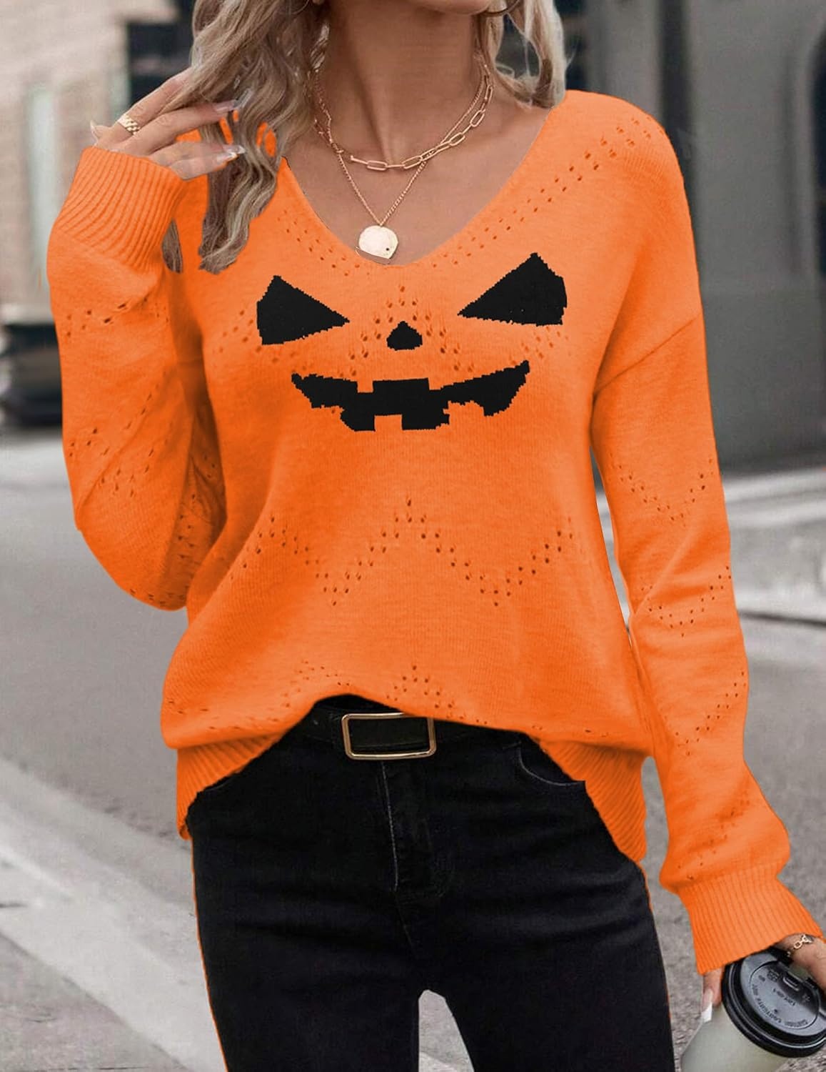 image:imageZeagoo Womens Sweaters Fall Trendy Casual Long Sleeve Shirt Lightweight V Neck Off Shoulder Crochet Pullover Top OutfitFhalloween