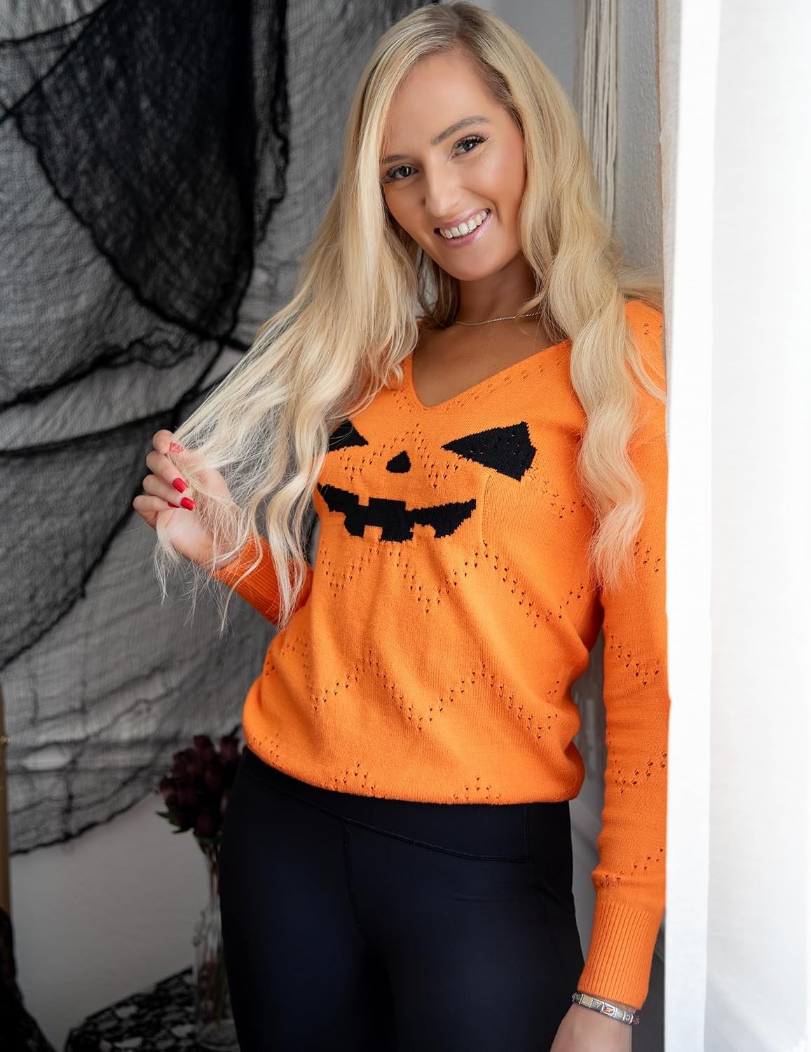 image:imageZeagoo Womens Sweaters Fall Trendy Casual Long Sleeve Shirt Lightweight V Neck Off Shoulder Crochet Pullover Top OutfitFhalloween