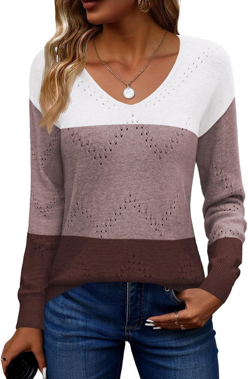 image:imageZeagoo Womens Sweaters Fall Trendy Casual Long Sleeve Shirt Lightweight V Neck Off Shoulder Crochet Pullover Top OutfitFtan Colorblock