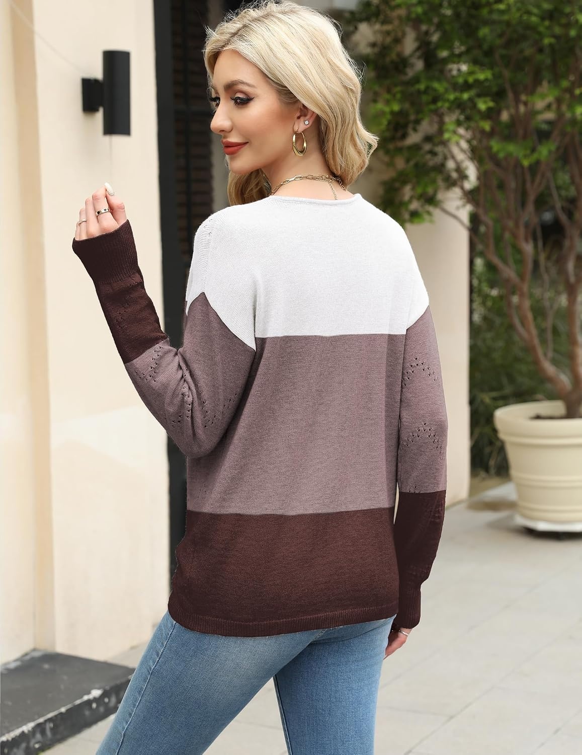 image:imageZeagoo Womens Sweaters Fall Trendy Casual Long Sleeve Shirt Lightweight V Neck Off Shoulder Crochet Pullover Top OutfitFtan Colorblock