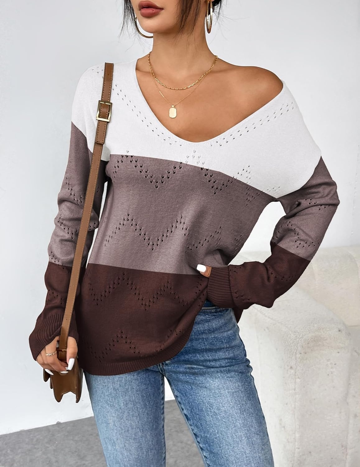 image:imageZeagoo Womens Sweaters Fall Trendy Casual Long Sleeve Shirt Lightweight V Neck Off Shoulder Crochet Pullover Top OutfitFtan Colorblock