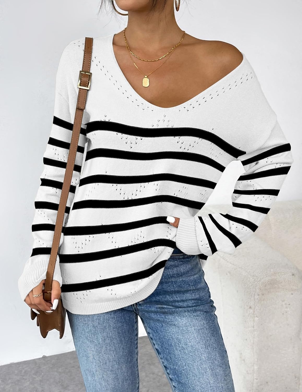image:imageZeagoo Womens Sweaters Fall Trendy Casual Long Sleeve Shirt Lightweight V Neck Off Shoulder Crochet Pullover Top OutfitWhite Stripe