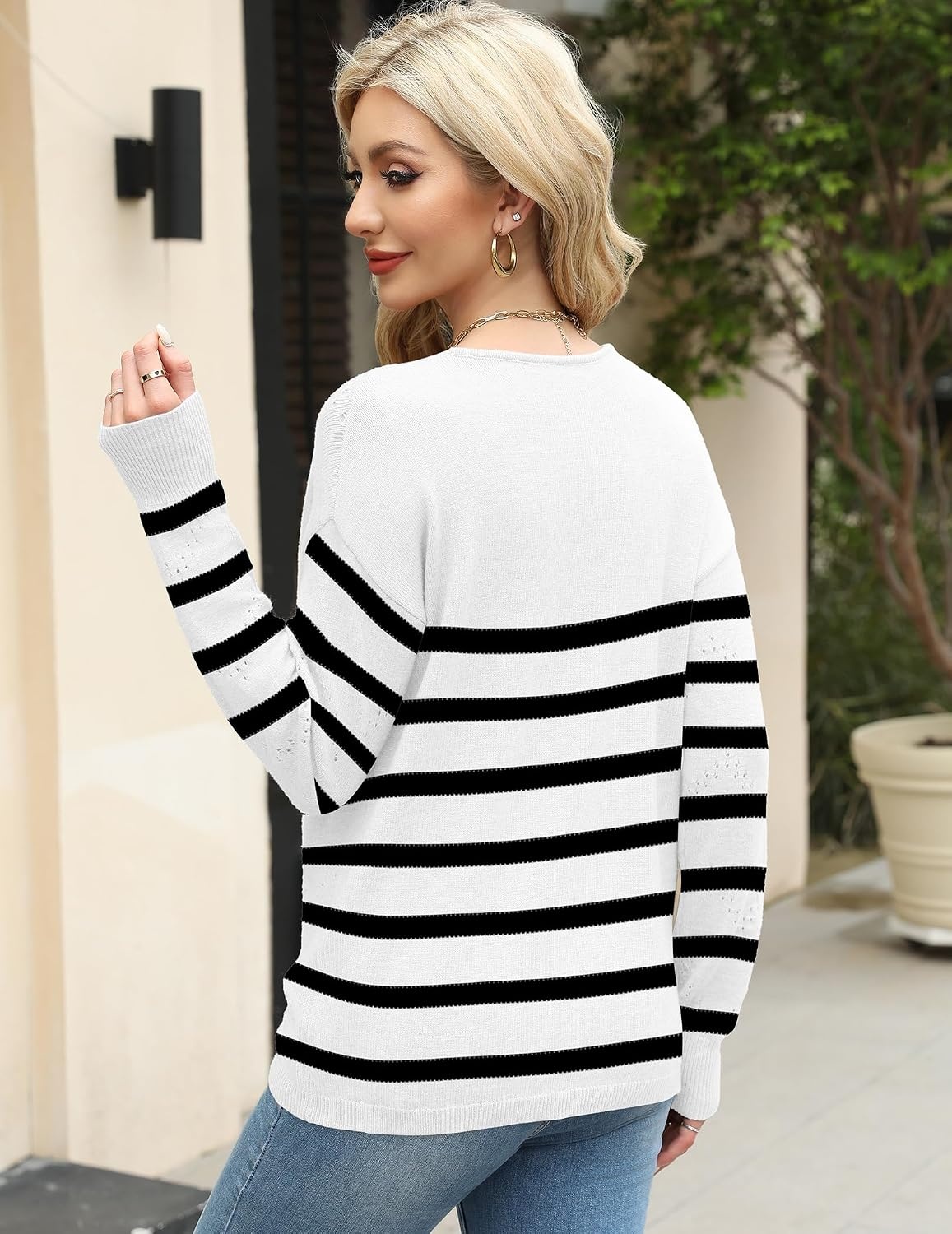 image:imageZeagoo Womens Sweaters Fall Trendy Casual Long Sleeve Shirt Lightweight V Neck Off Shoulder Crochet Pullover Top OutfitWhite Stripe