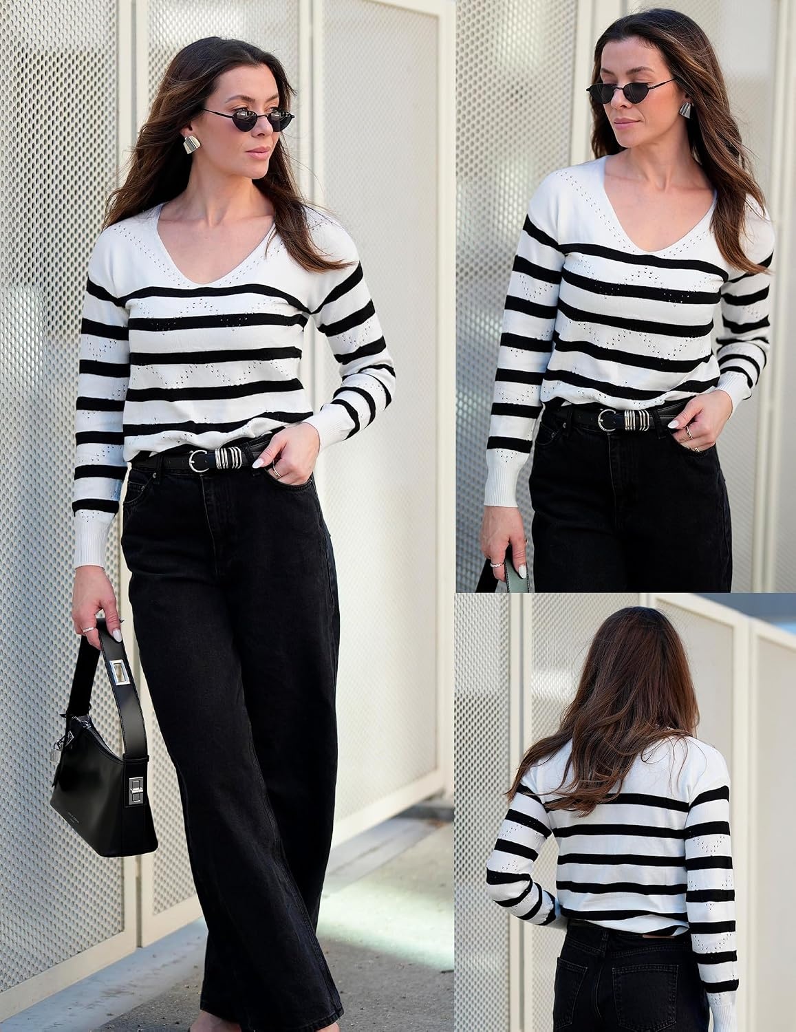 image:imageZeagoo Womens Sweaters Fall Trendy Casual Long Sleeve Shirt Lightweight V Neck Off Shoulder Crochet Pullover Top OutfitWhite Stripe