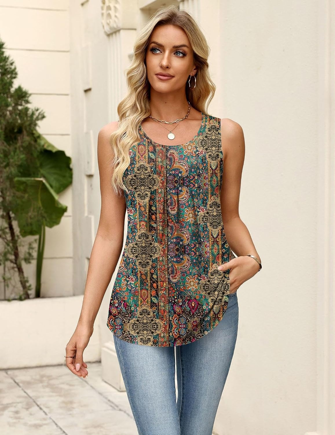 image:imageZeagoo Womens Tank Tops Sleeveless Pleated Crew Neck Summer Tunic Tops Dressy Loose Fit Business Casual Blouses 2026Mz721