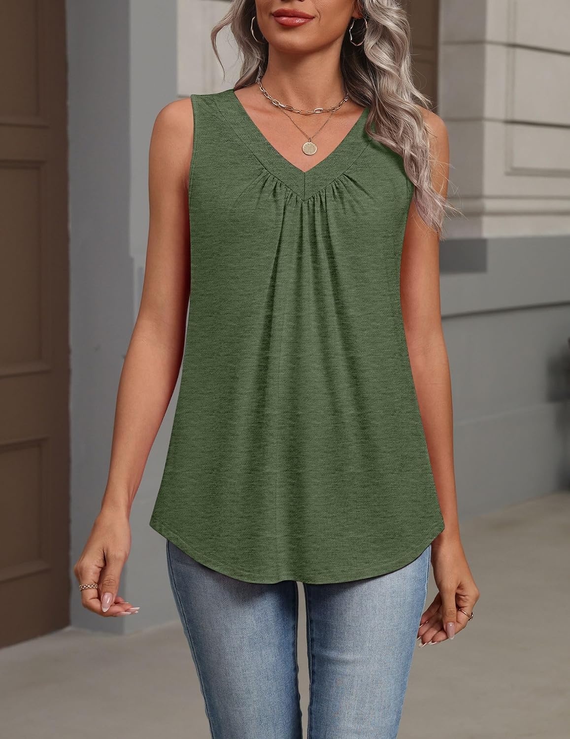 image:imageZeagoo Womens Tank Tops Summer Sleeveless Tops V Neck Pleated ShirtsArmy Green