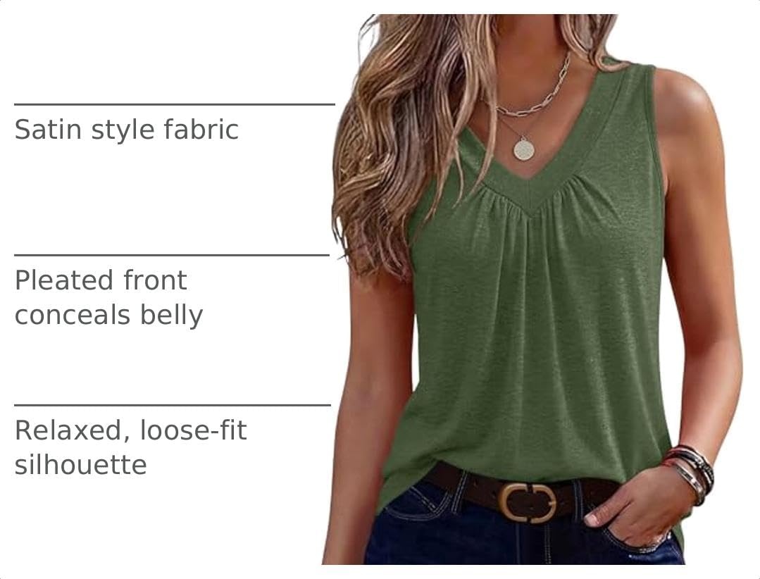 image:imageZeagoo Womens Tank Tops Summer Sleeveless Tops V Neck Pleated ShirtsArmy Green
