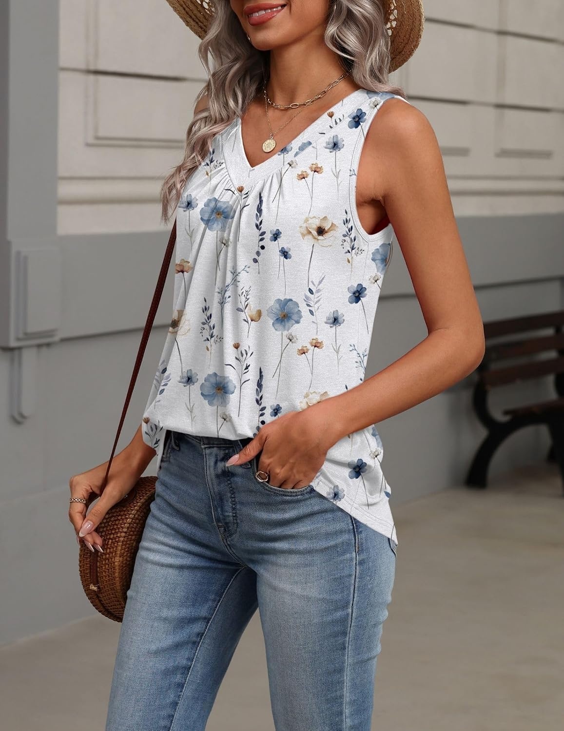image:imageZeagoo Womens Tank Tops Summer Sleeveless Tops V Neck Pleated ShirtsBf290flower White