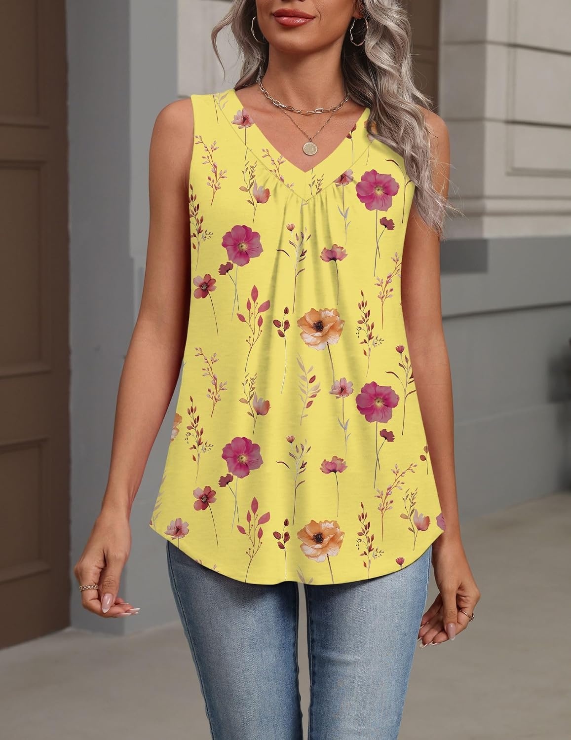 image:imageZeagoo Womens Tank Tops Summer Sleeveless Tops V Neck Pleated ShirtsBf351yellow