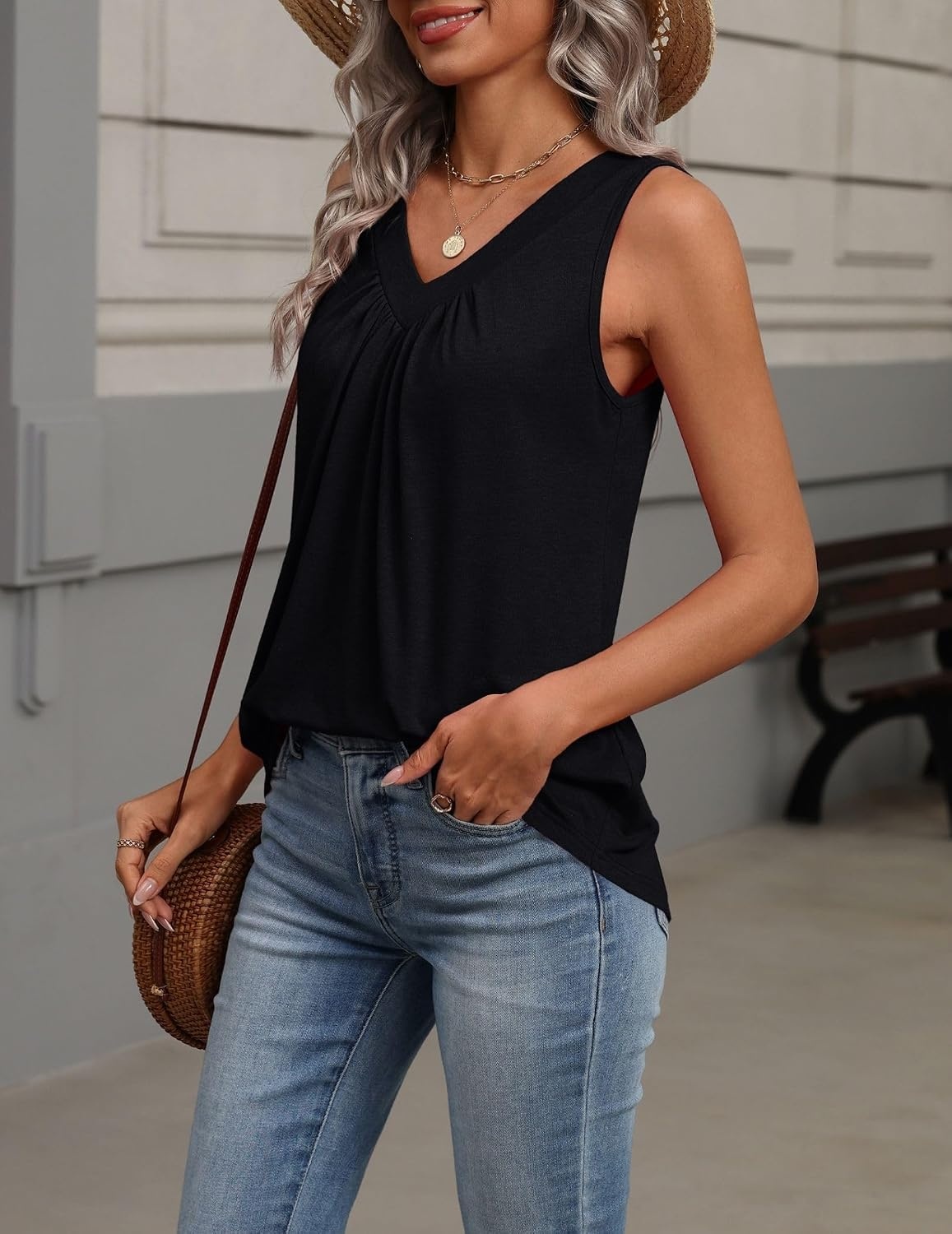 image:imageZeagoo Womens Tank Tops Summer Sleeveless Tops V Neck Pleated ShirtsBlack