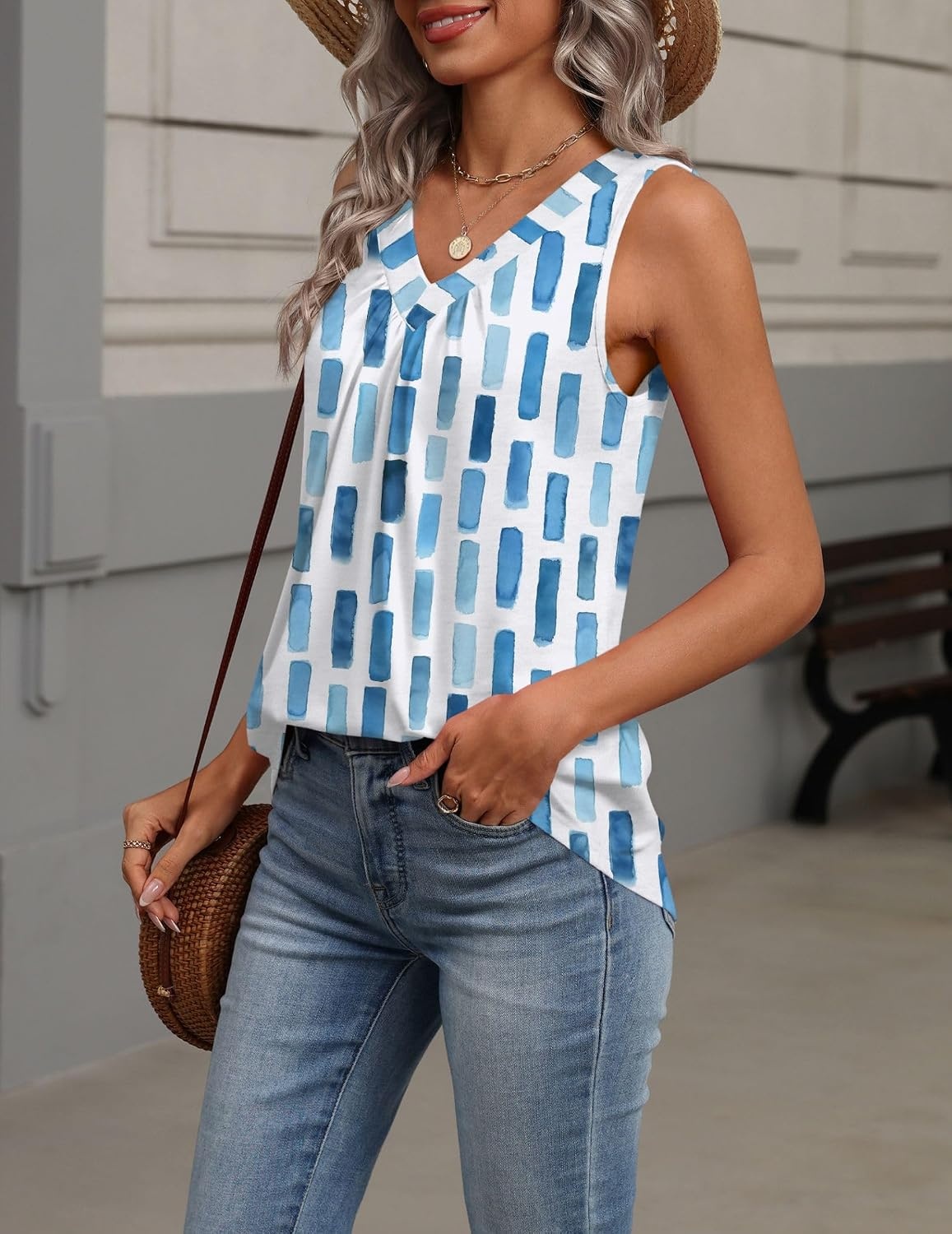image:imageZeagoo Womens Tank Tops Summer Sleeveless Tops V Neck Pleated ShirtsCx329blue Square