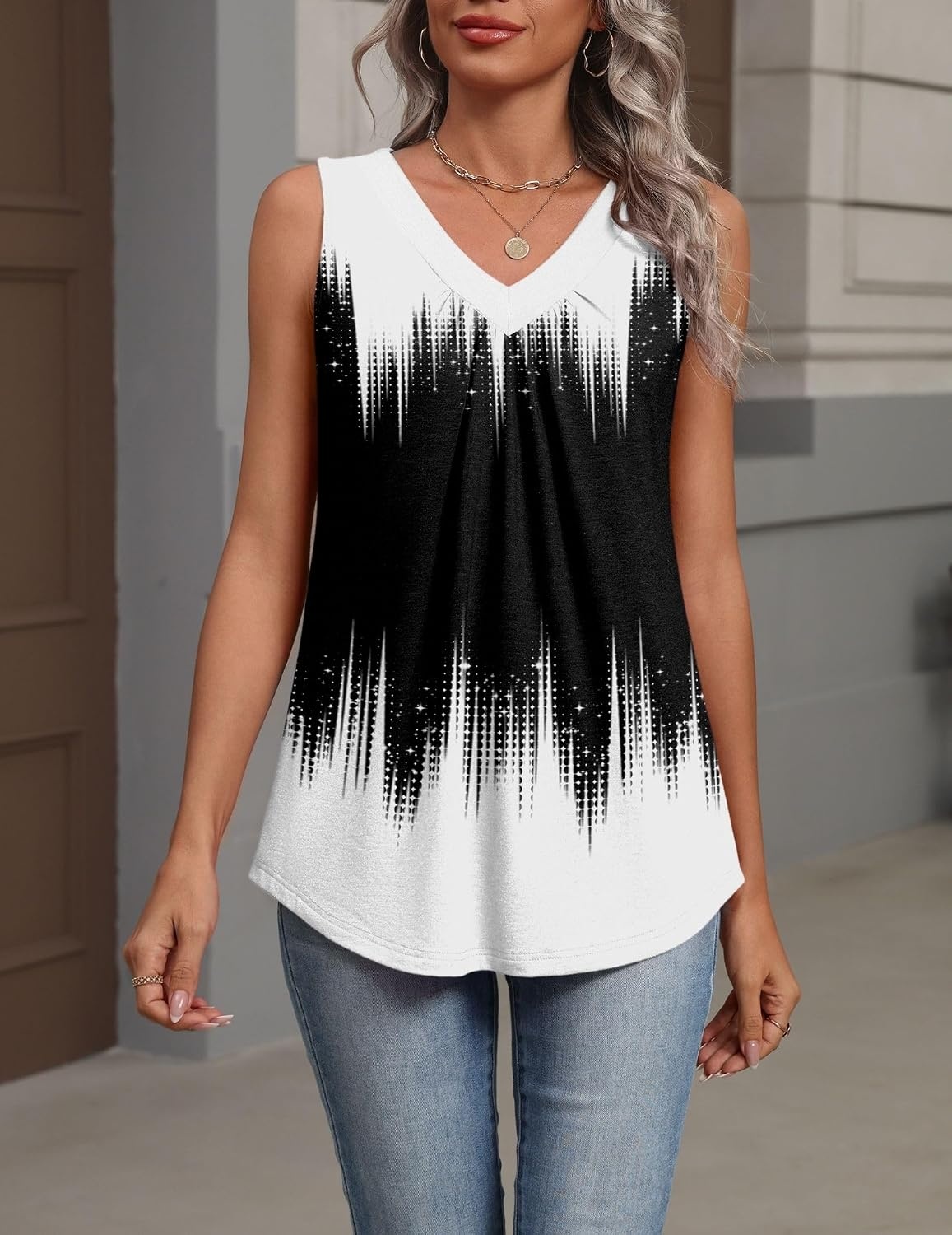 image:imageZeagoo Womens Tank Tops Summer Sleeveless Tops V Neck Pleated ShirtsJb204black and White