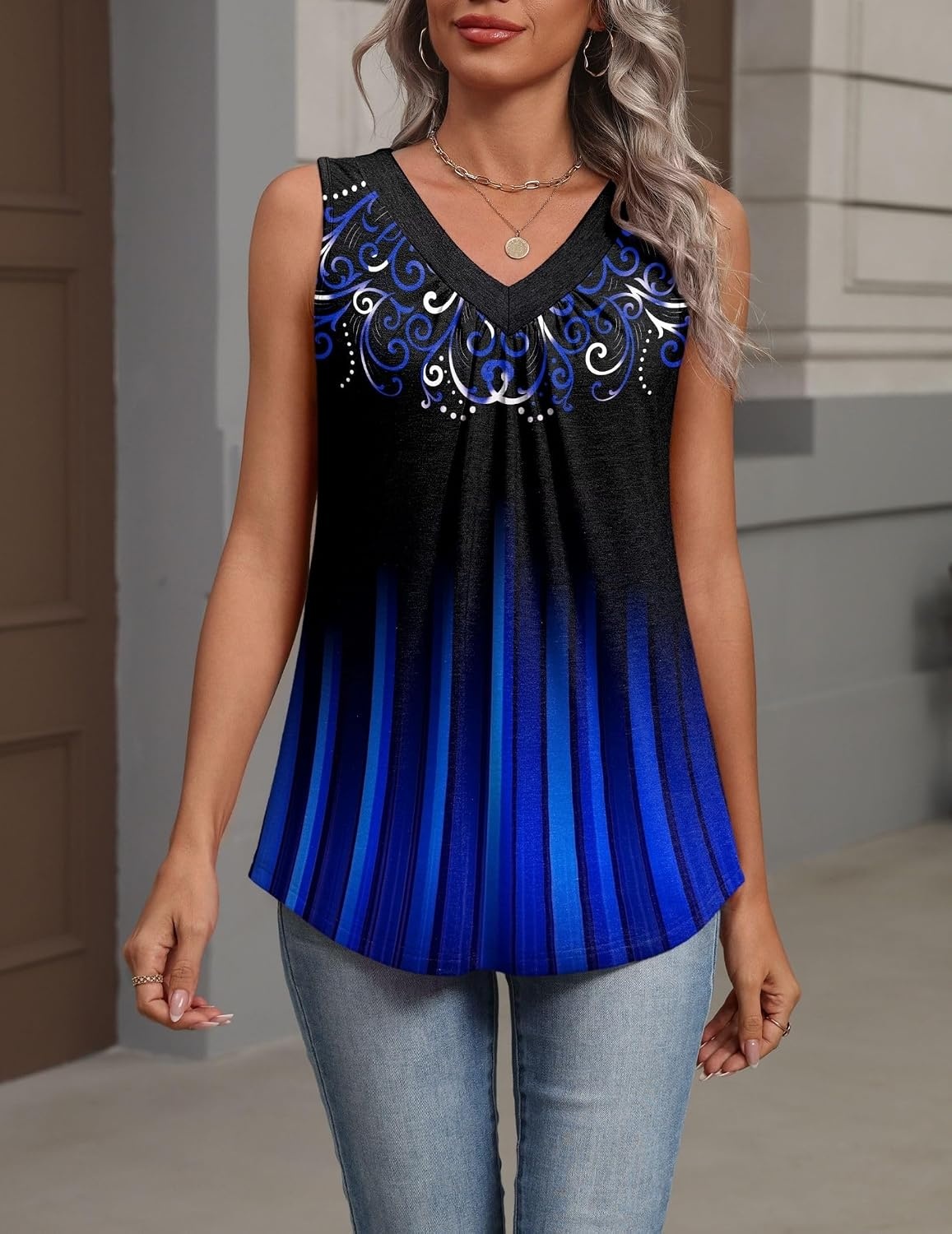 image:imageZeagoo Womens Tank Tops Summer Sleeveless Tops V Neck Pleated ShirtsJb229blue Color