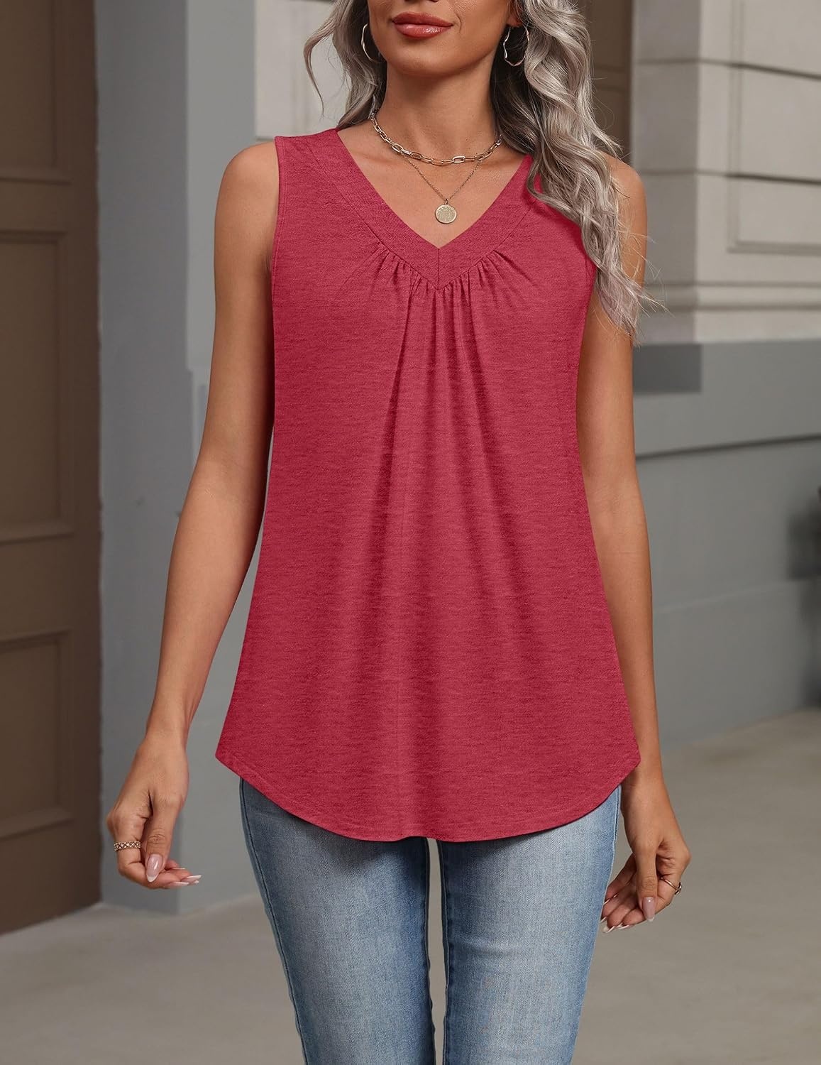 image:imageZeagoo Womens Tank Tops Summer Sleeveless Tops V Neck Pleated ShirtsRed