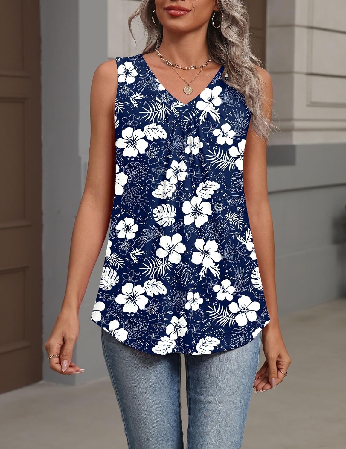 image:imageZeagoo Womens Tank Tops Summer Sleeveless Tops V Neck Pleated ShirtsSf157white Floral