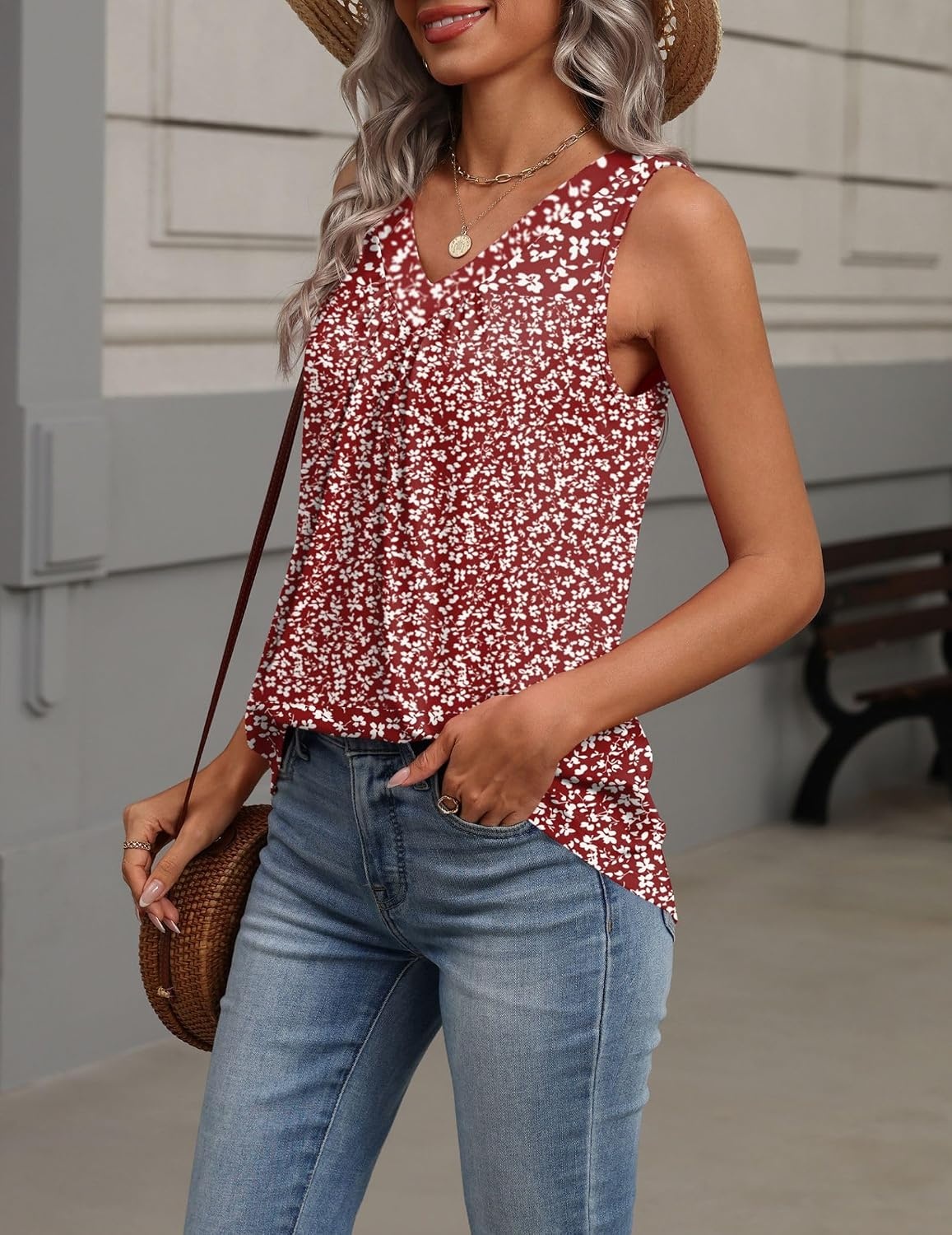 image:imageZeagoo Womens Tank Tops Summer Sleeveless Tops V Neck Pleated ShirtsXh555red Floral Fragments
