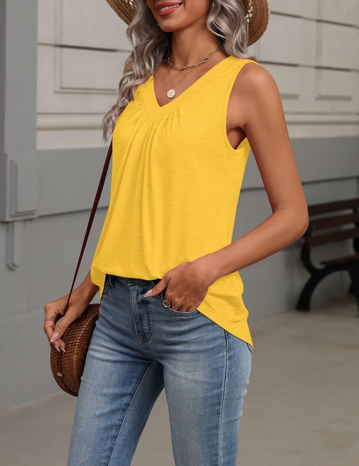 image:imageZeagoo Womens Tank Tops Summer Sleeveless Tops V Neck Pleated ShirtsYellow