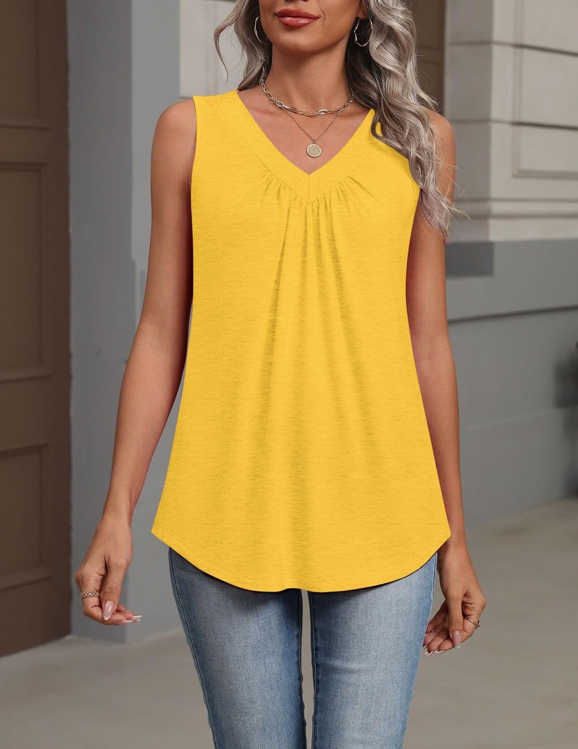 image:imageZeagoo Womens Tank Tops Summer Sleeveless Tops V Neck Pleated ShirtsYellow