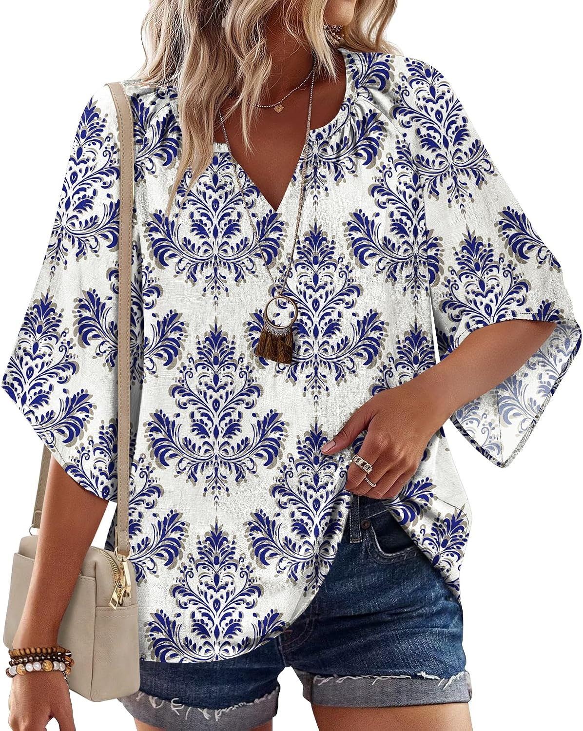 image:imageZeagoo Womens Tops 34 Sleeve V Neck Bohemian Blouses Casual TunicBlue Boho Mz903