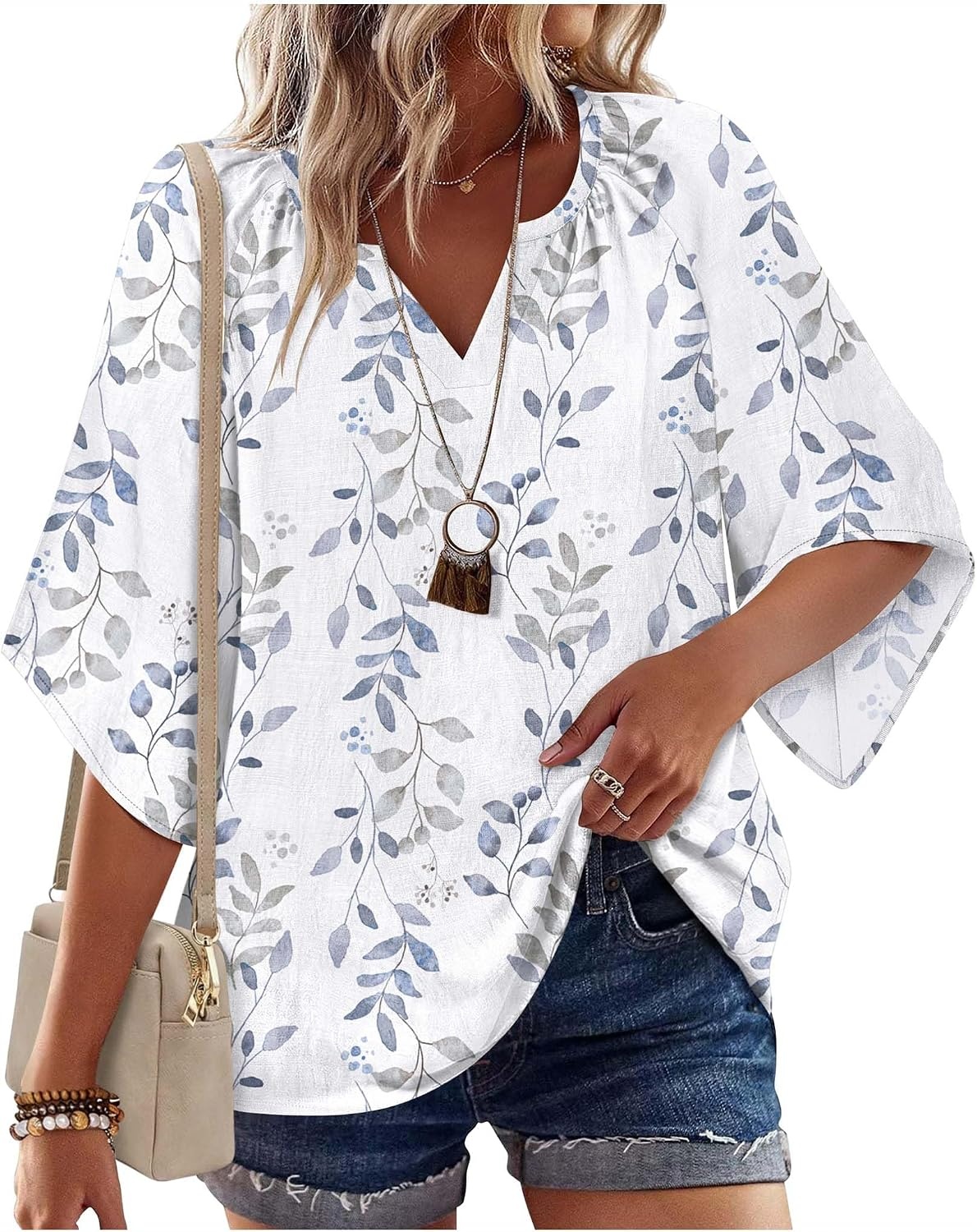 image:imageZeagoo Womens Tops 34 Sleeve V Neck Bohemian Blouses Casual TunicBlue Leaf Sp106