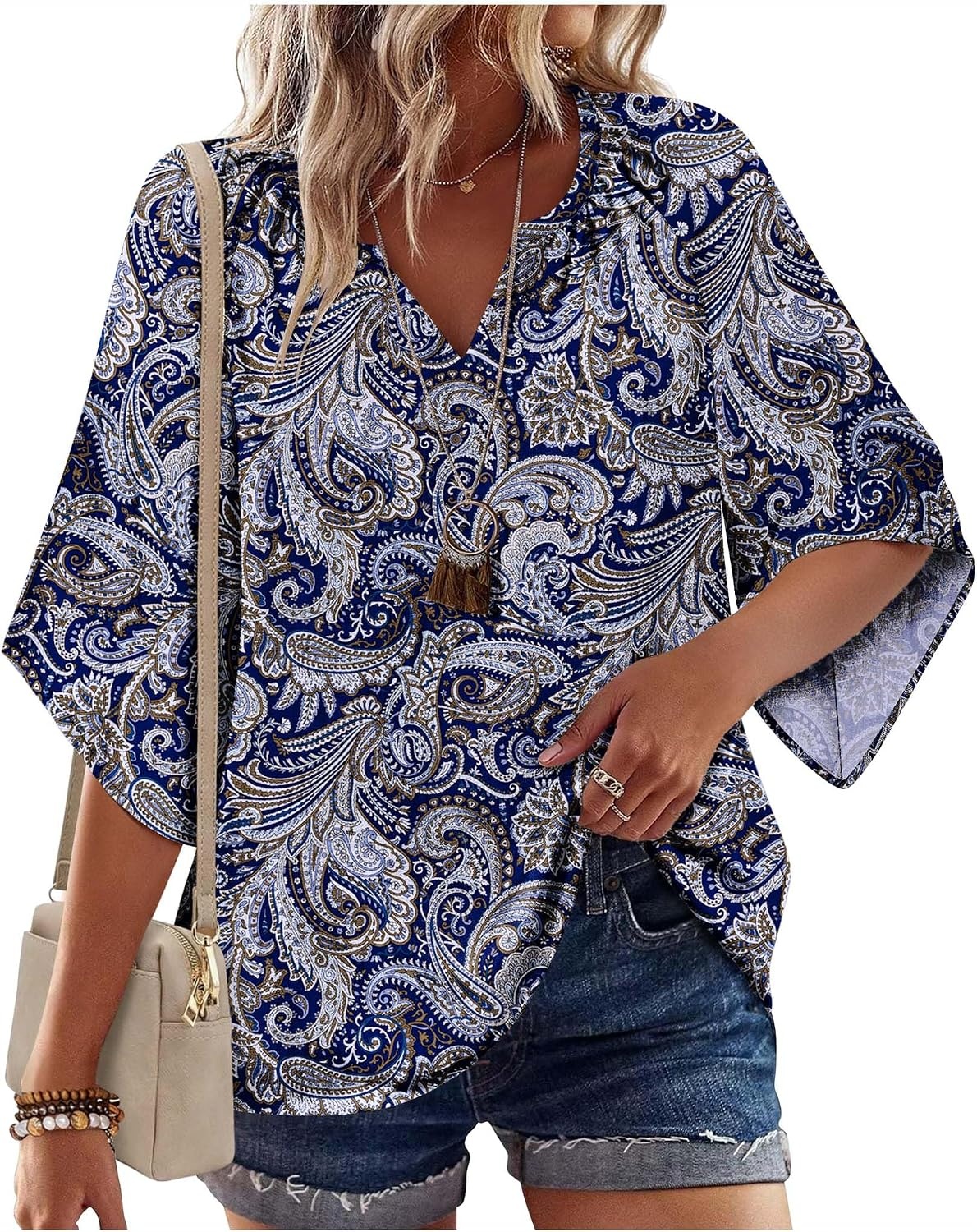 image:imageZeagoo Womens Tops 34 Sleeve V Neck Bohemian Blouses Casual TunicBlue Pattern Mz473
