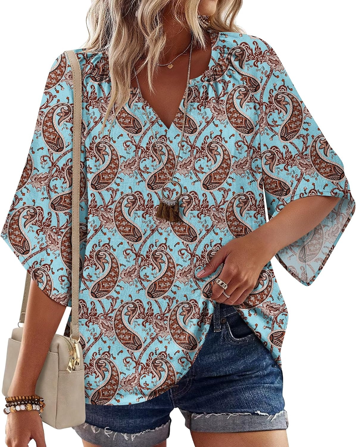 image:imageZeagoo Womens Tops 34 Sleeve V Neck Bohemian Blouses Casual TunicBoho Multicolo Mz899