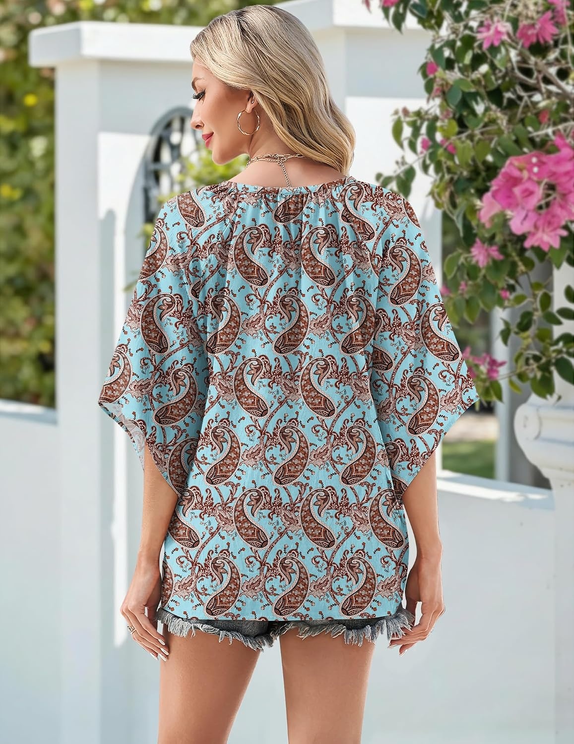 image:imageZeagoo Womens Tops 34 Sleeve V Neck Bohemian Blouses Casual TunicBoho Multicolo Mz899