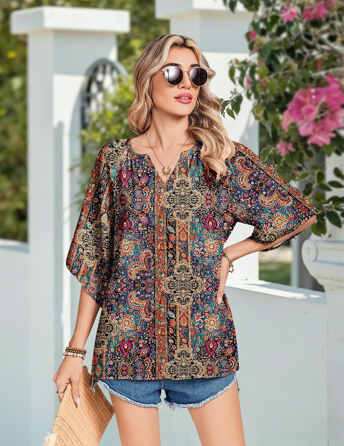 image:imageZeagoo Womens Tops 34 Sleeve V Neck Bohemian Blouses Casual TunicBoho Multicolor Mz721